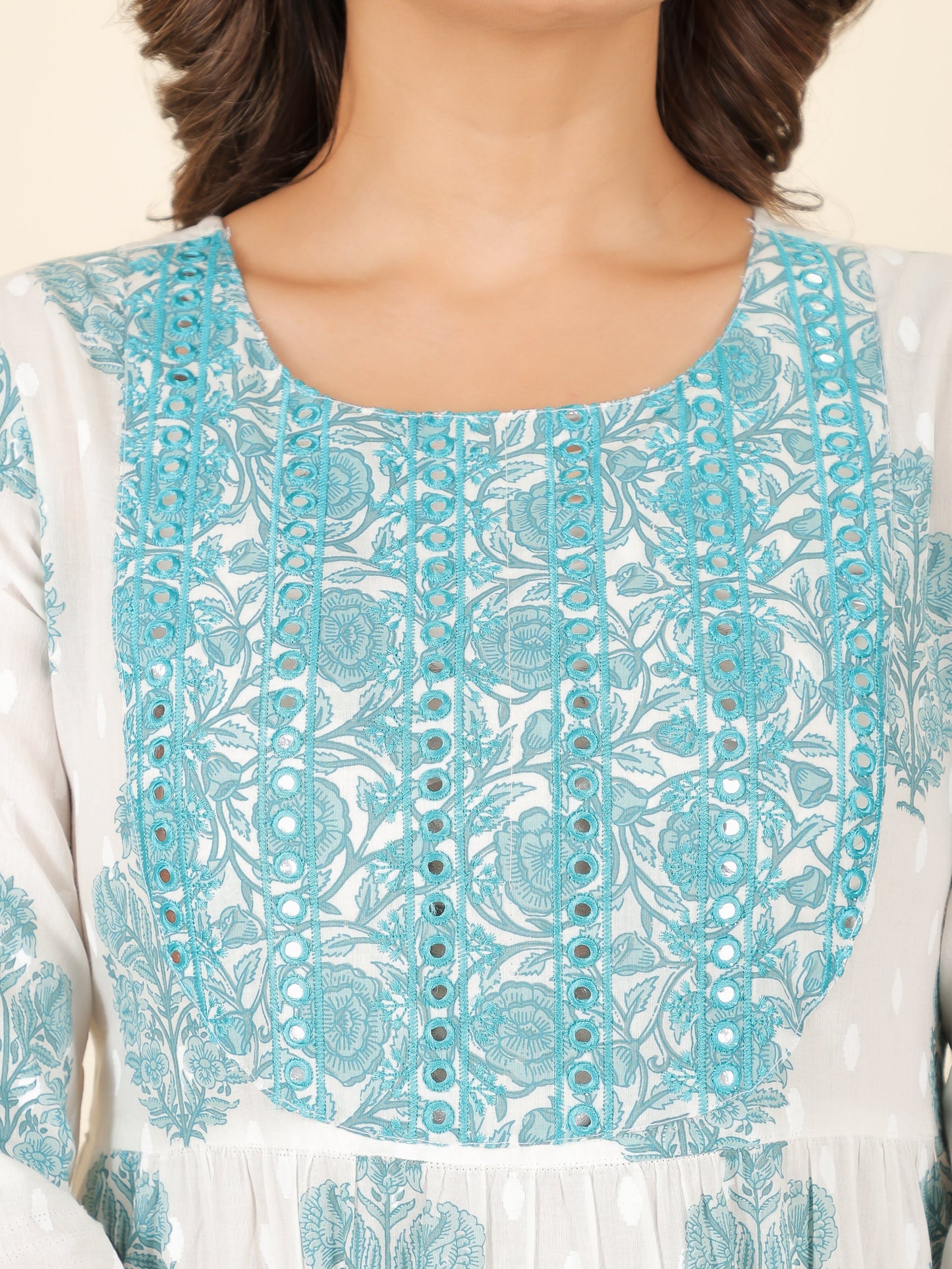Soft Cotton Block Anarkali White Kurta