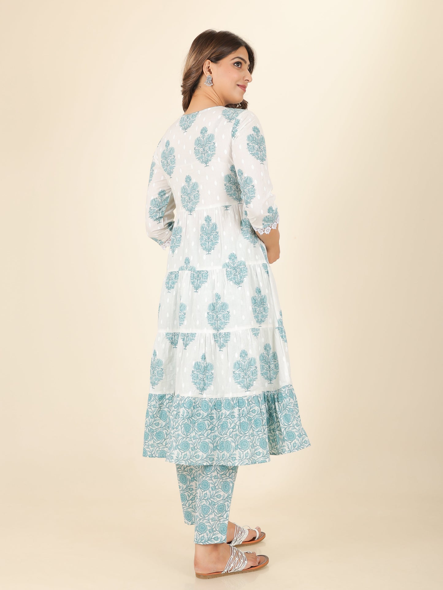Soft Cotton Block Anarkali White Kurta