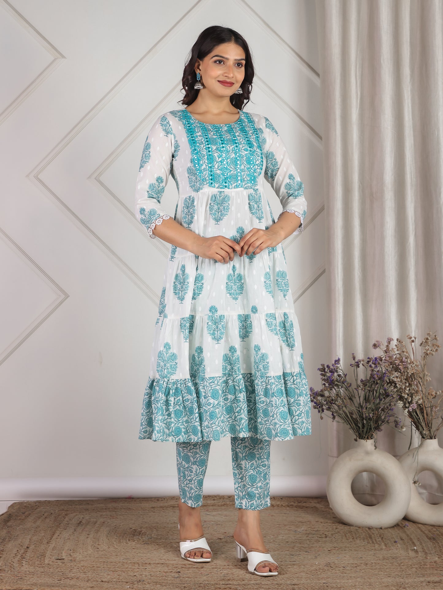 Embroidered Soft Cotton Block Print Anarkali White Kurta