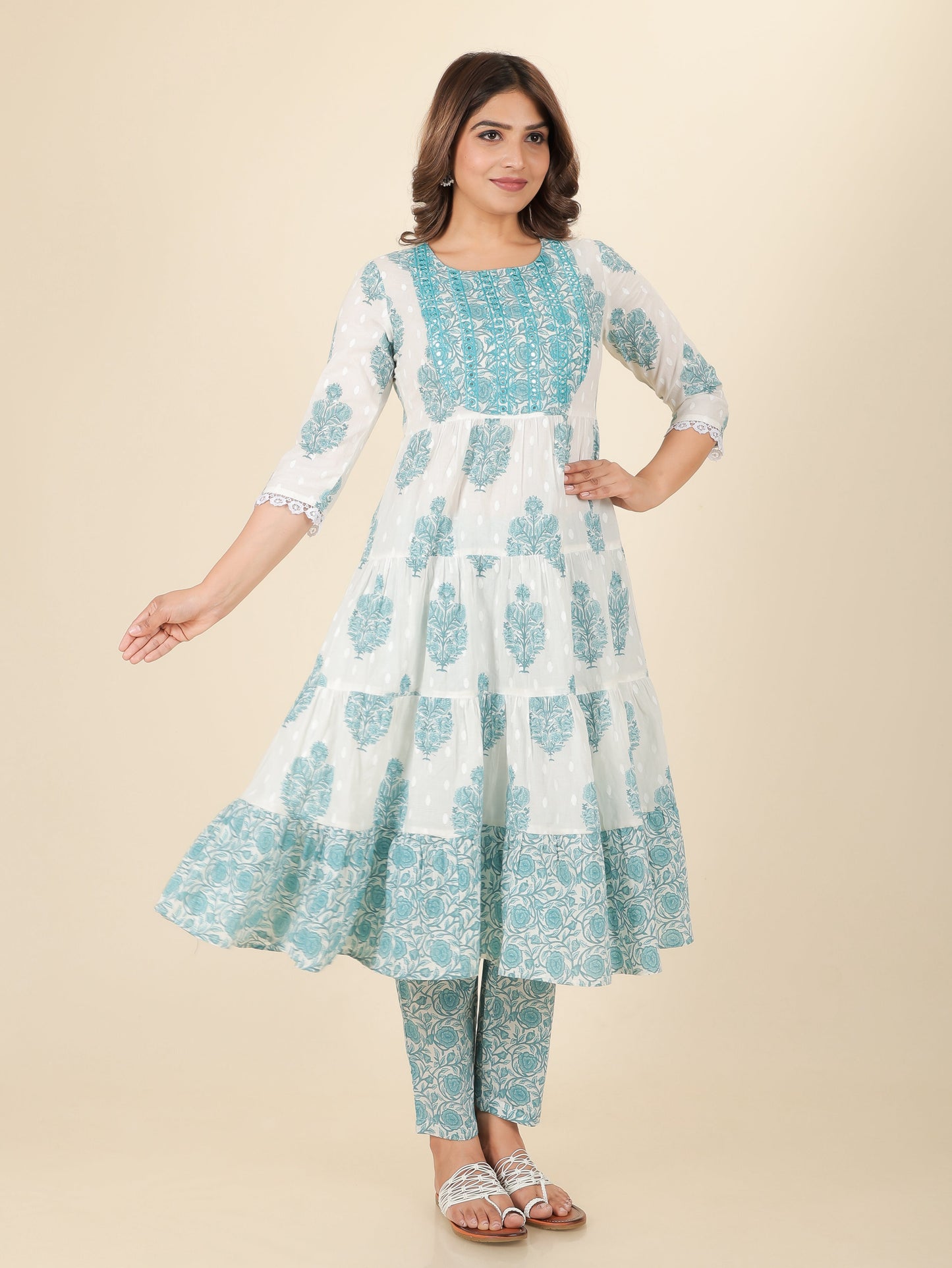 Soft Cotton Block Anarkali White Kurta
