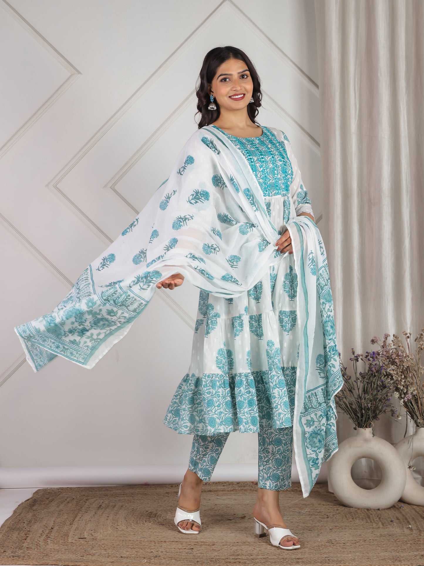 Embroidered Soft Cotton Block Print Anarkali White Kurta