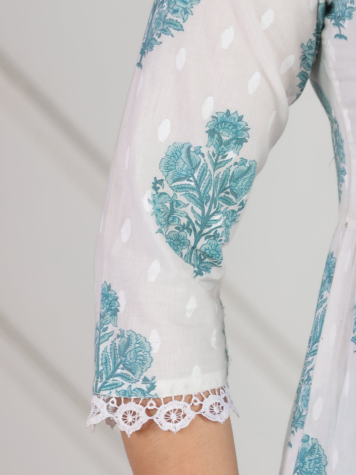 Embroidered Soft Cotton Block Print Anarkali White Kurta