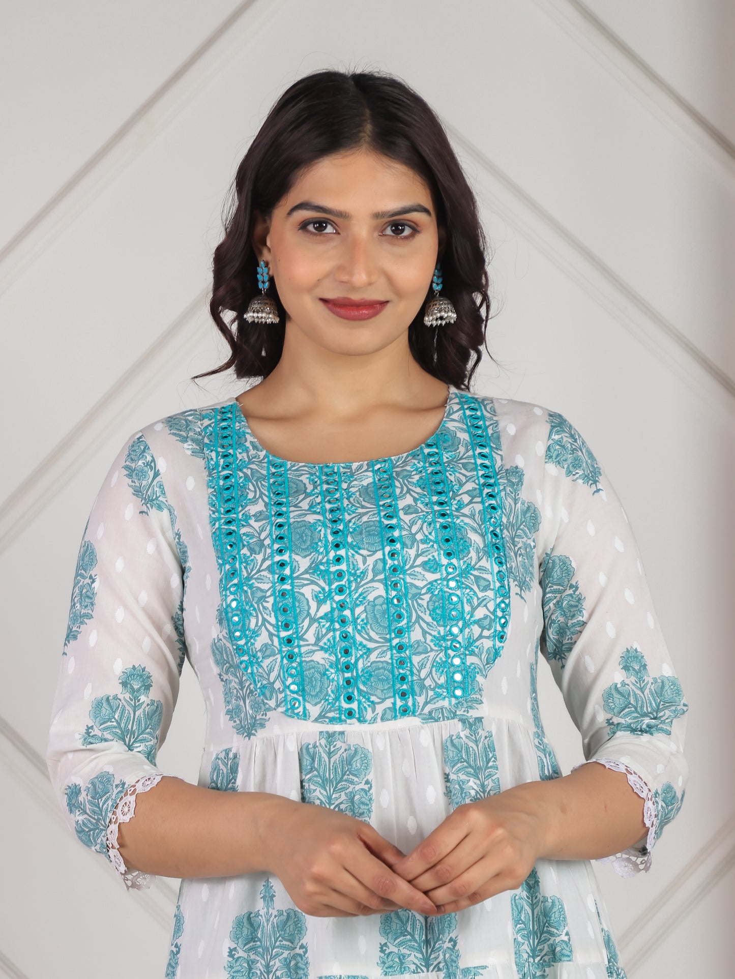 Embroidered Soft Cotton Block Print Anarkali White Kurta