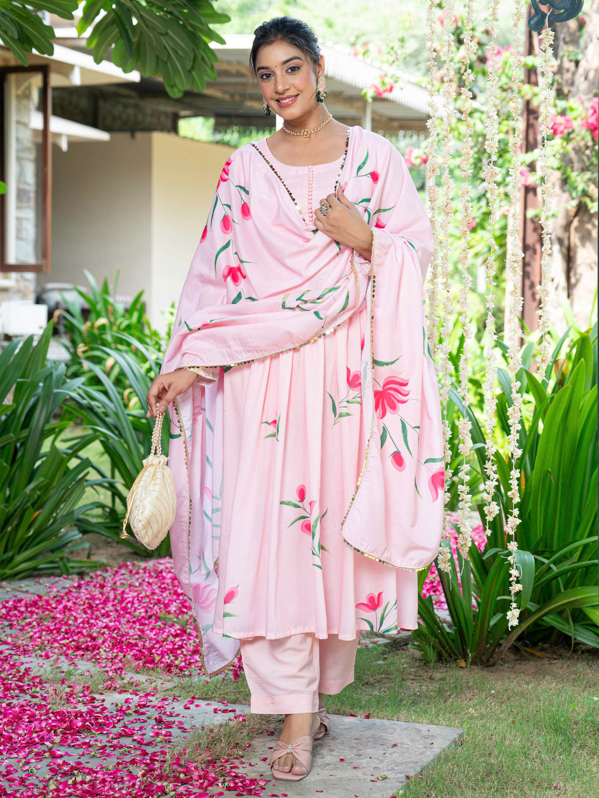 Blended Silk Floral Pink Dupatta