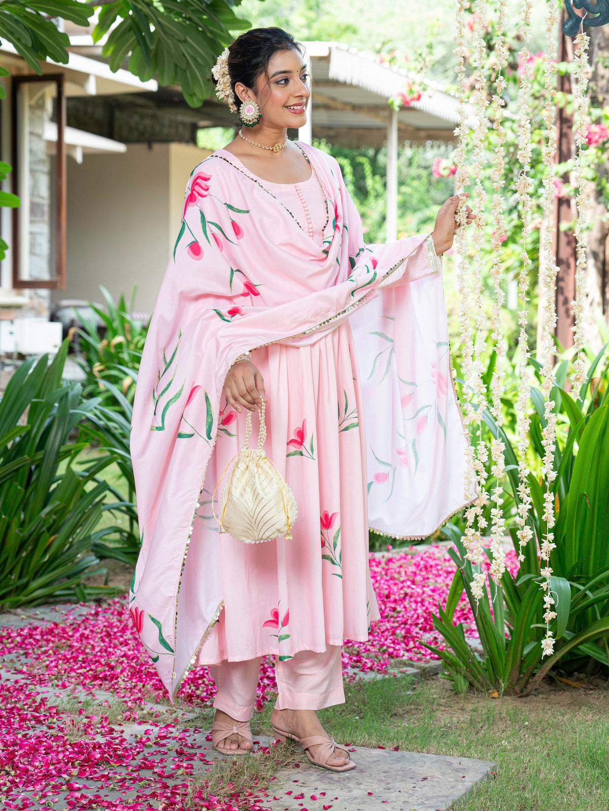 Blended Silk Floral Pink Dupatta