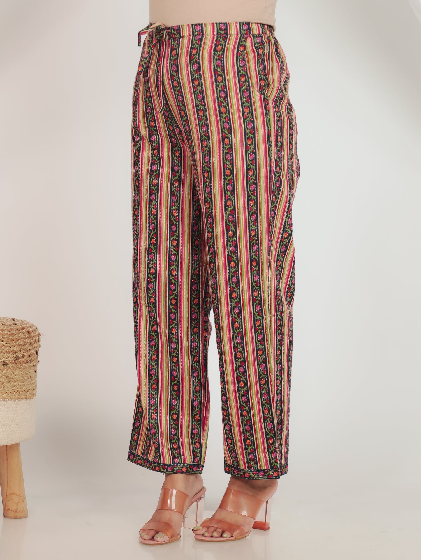 Soft Cotton Striped Green Straight Trousers