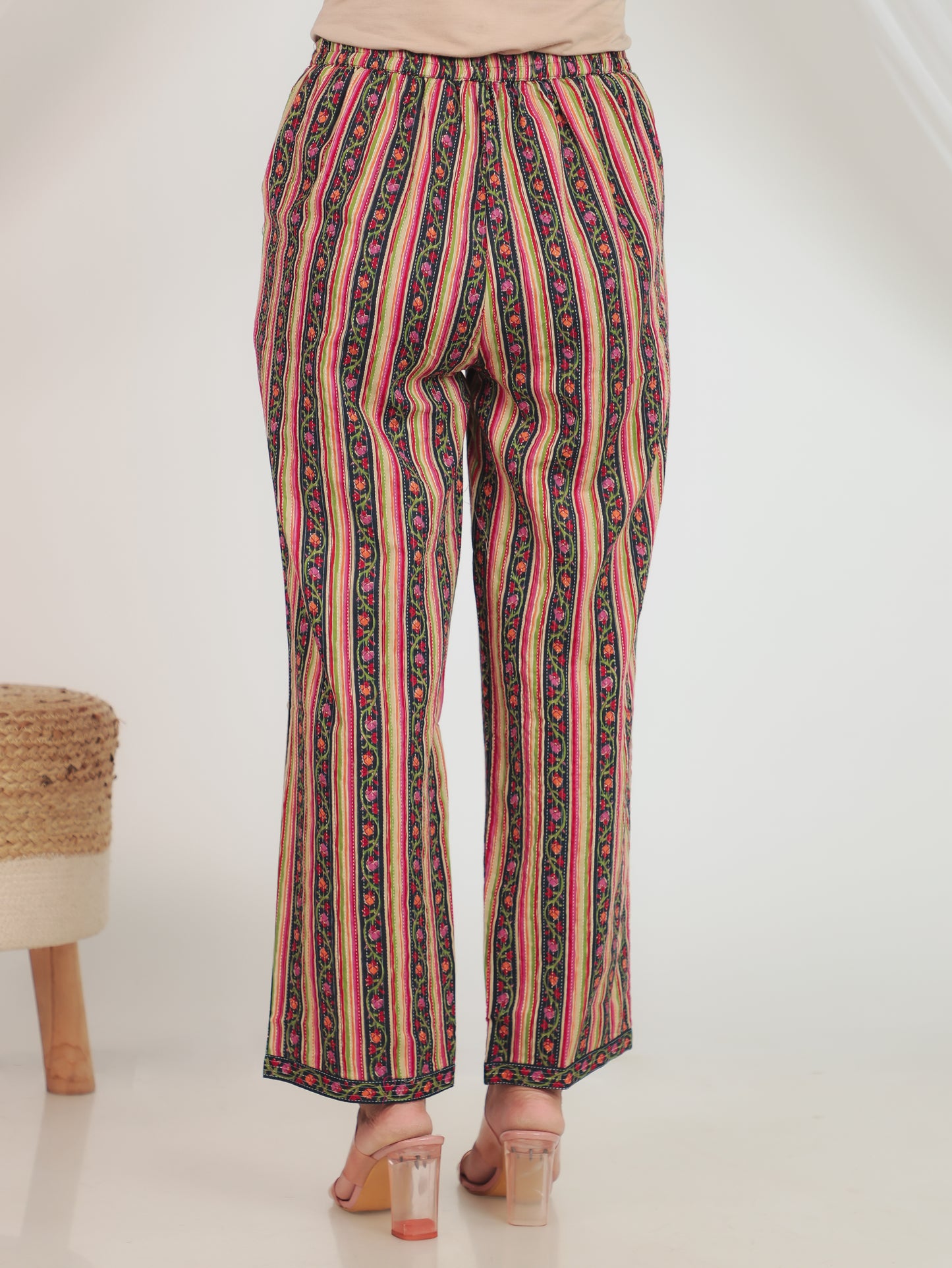 Soft Cotton Striped Green Straight Trousers