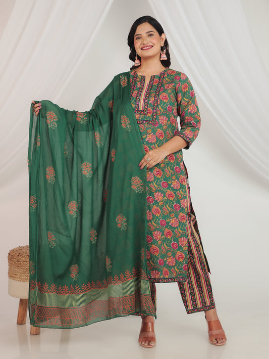 Cotton Voile Floral Green Dupatta