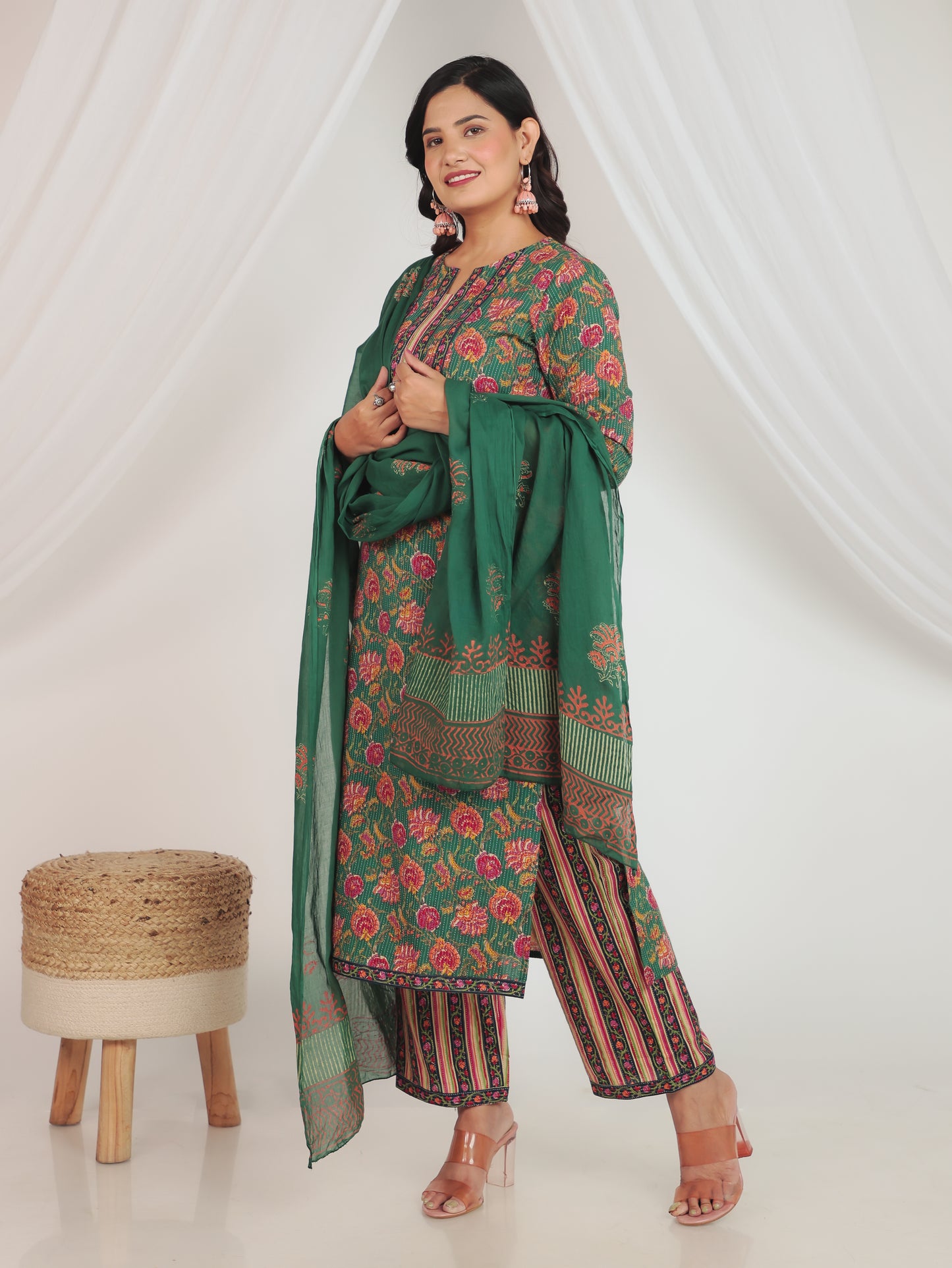 Cotton Voile Floral Green Dupatta