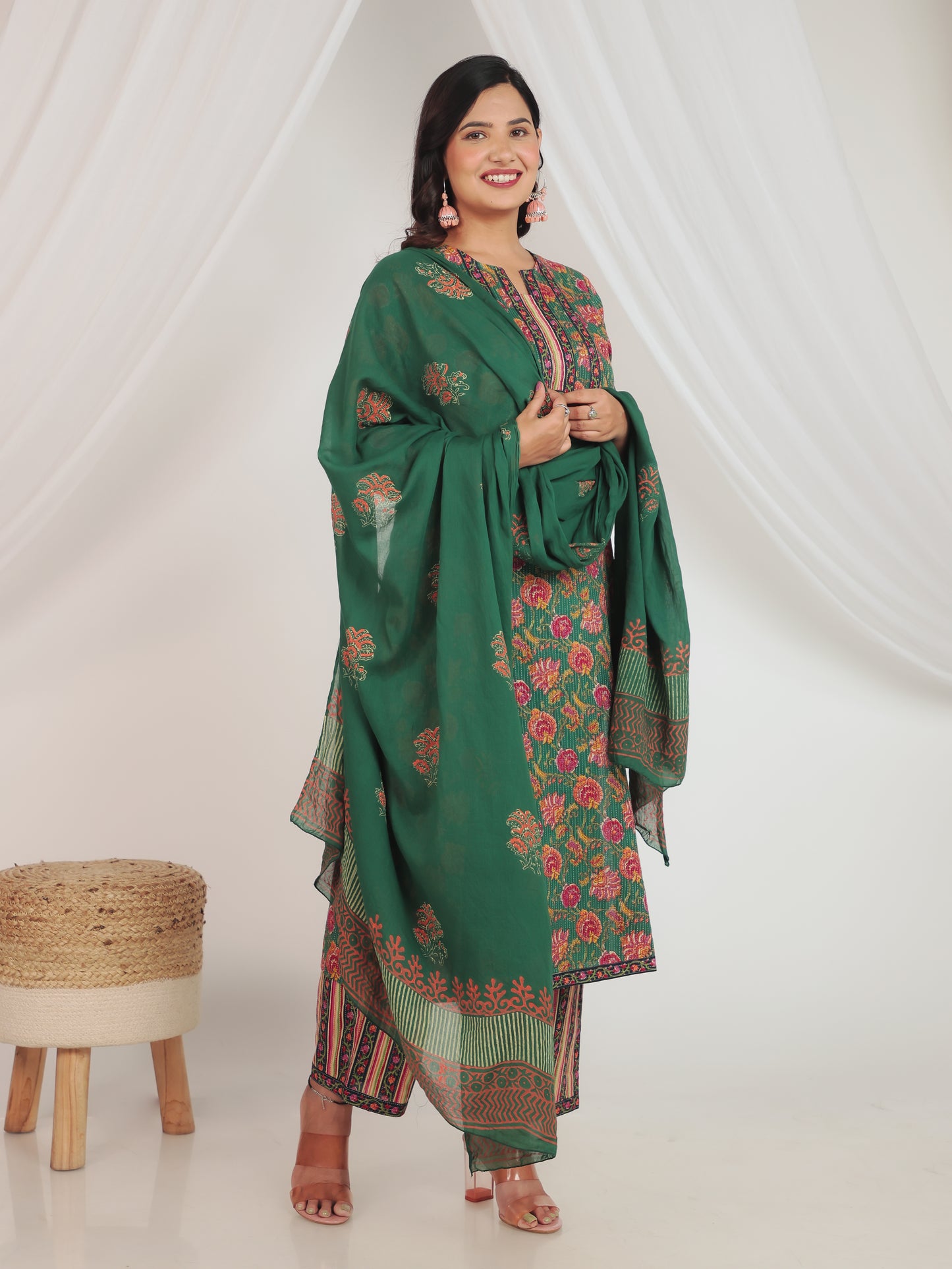 Cotton Voile Floral Green Dupatta