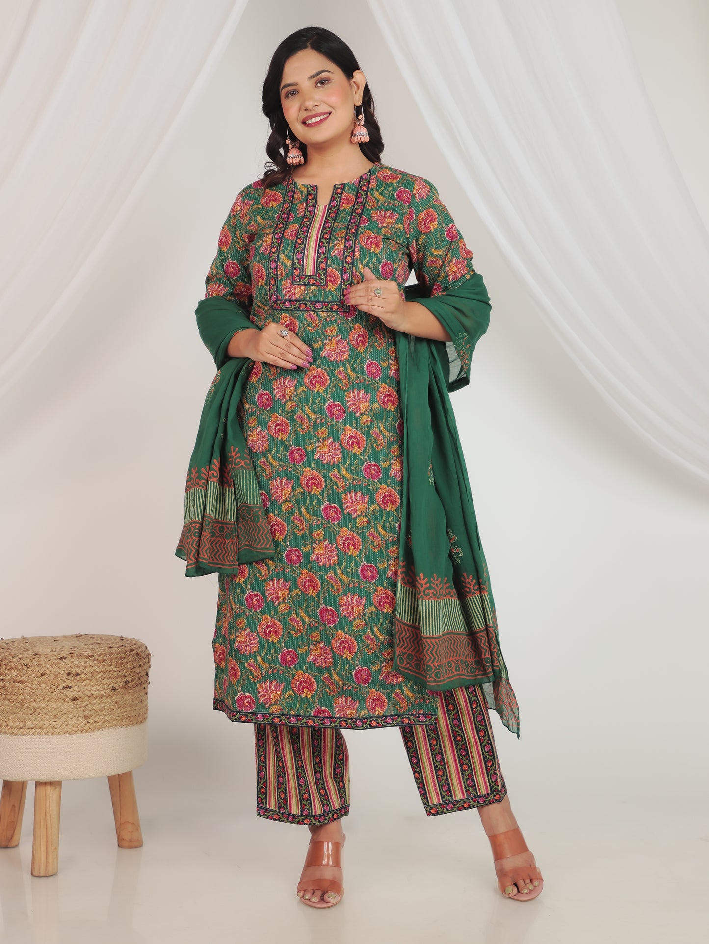 Cotton Voile Floral Green Dupatta