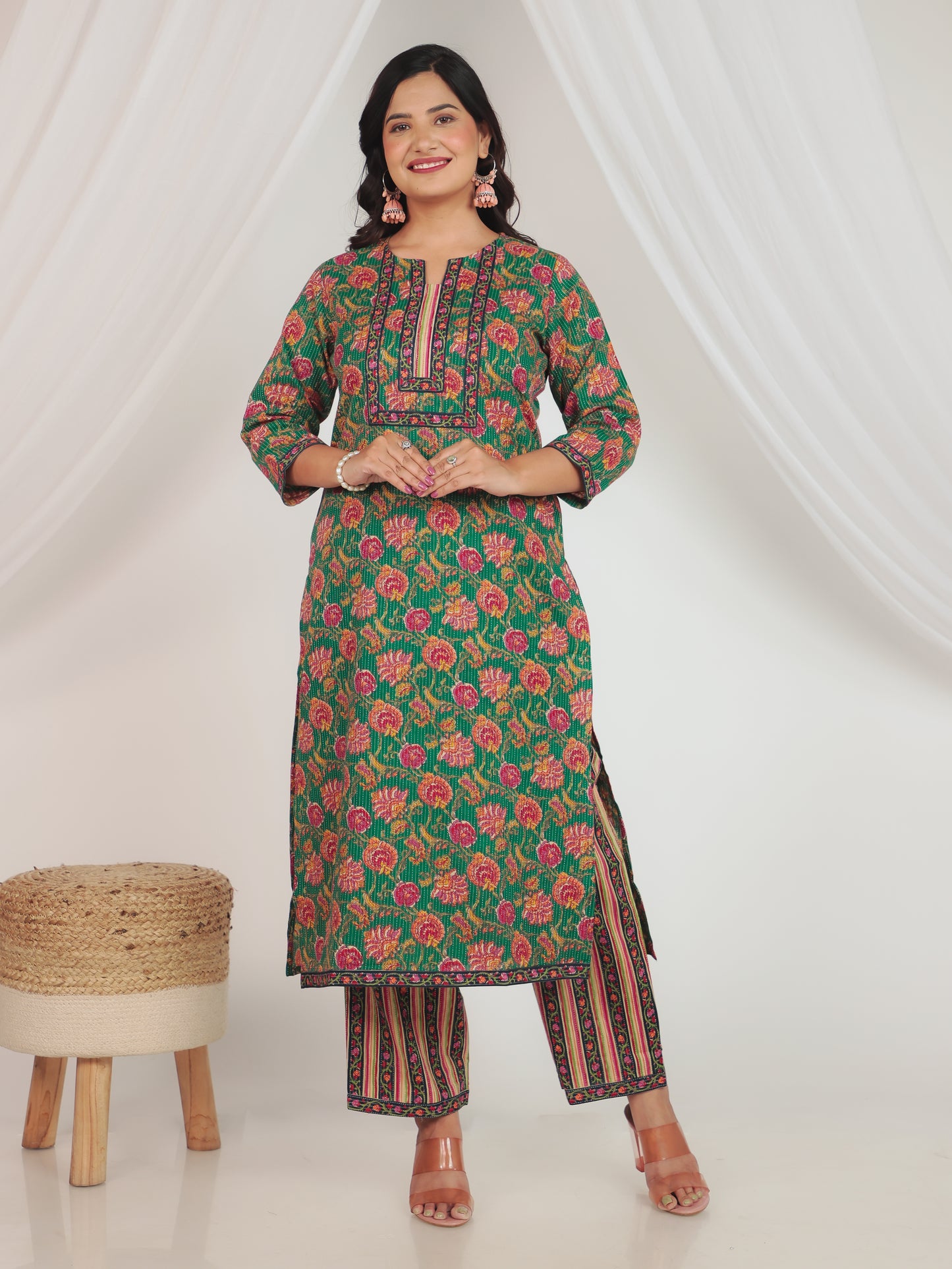 Kantha Cotton Floral Straight Green Kurta