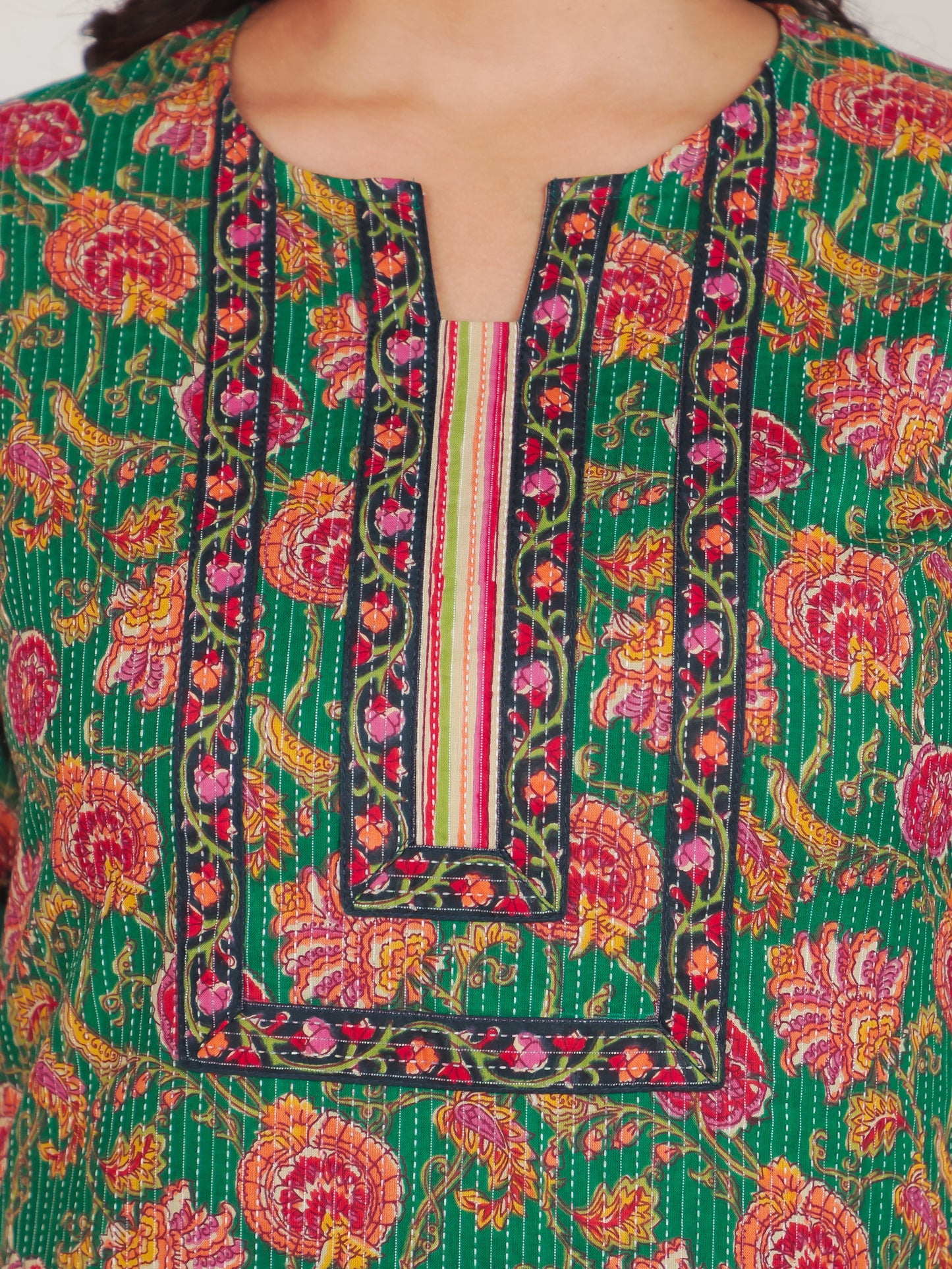 Kantha Cotton Floral Straight Green Kurta