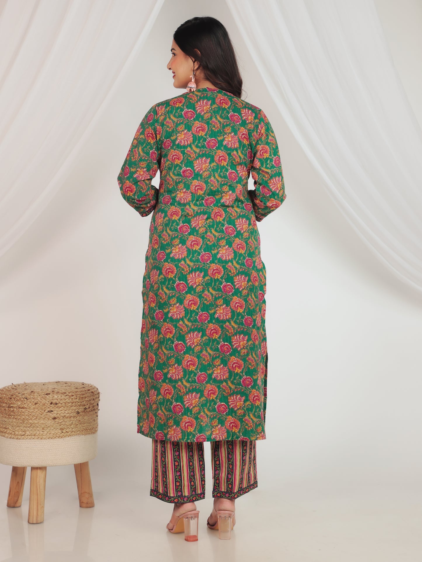 Kantha Cotton Floral Straight Green Kurta