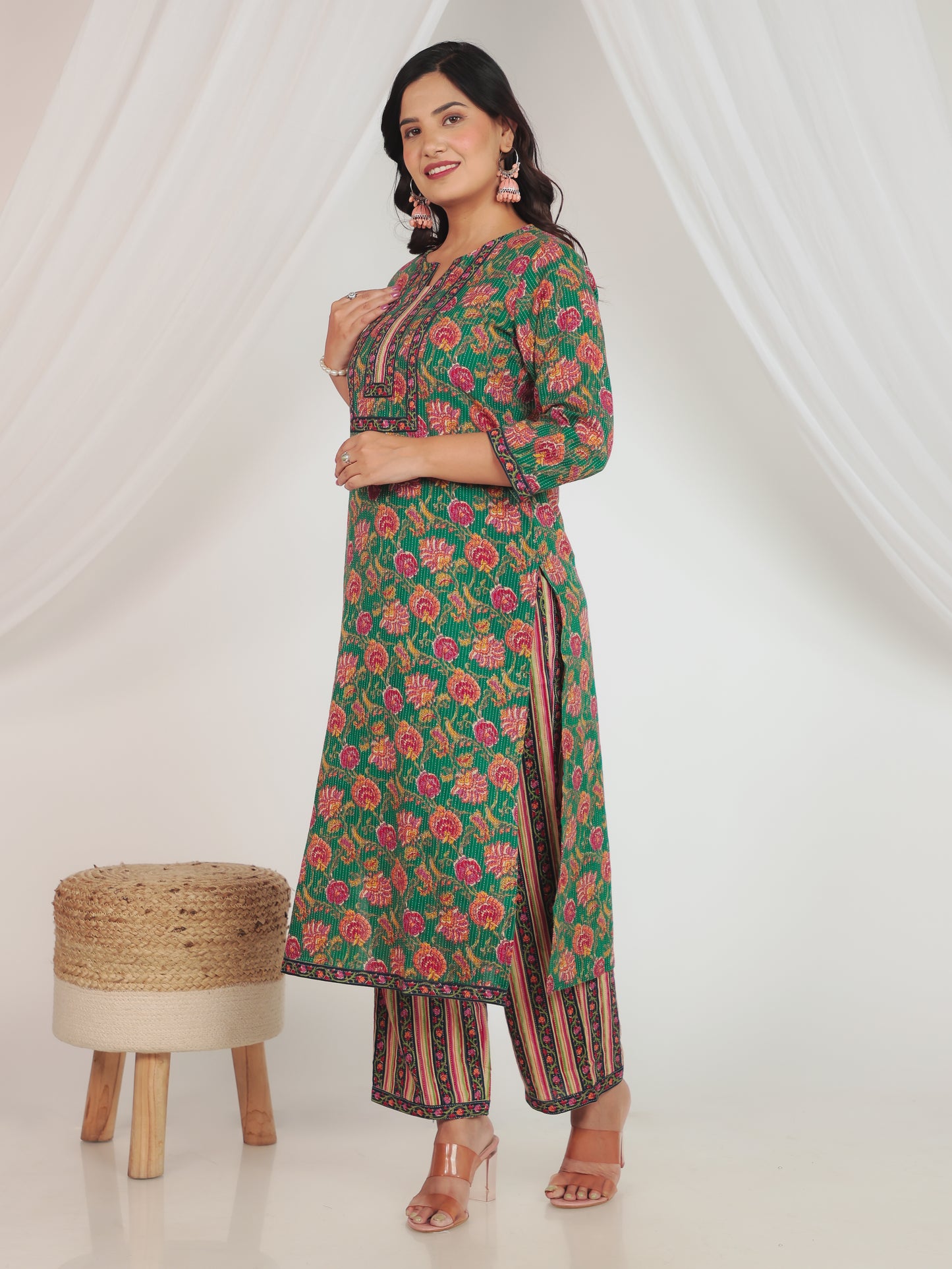 Kantha Cotton Floral Straight Green Kurta