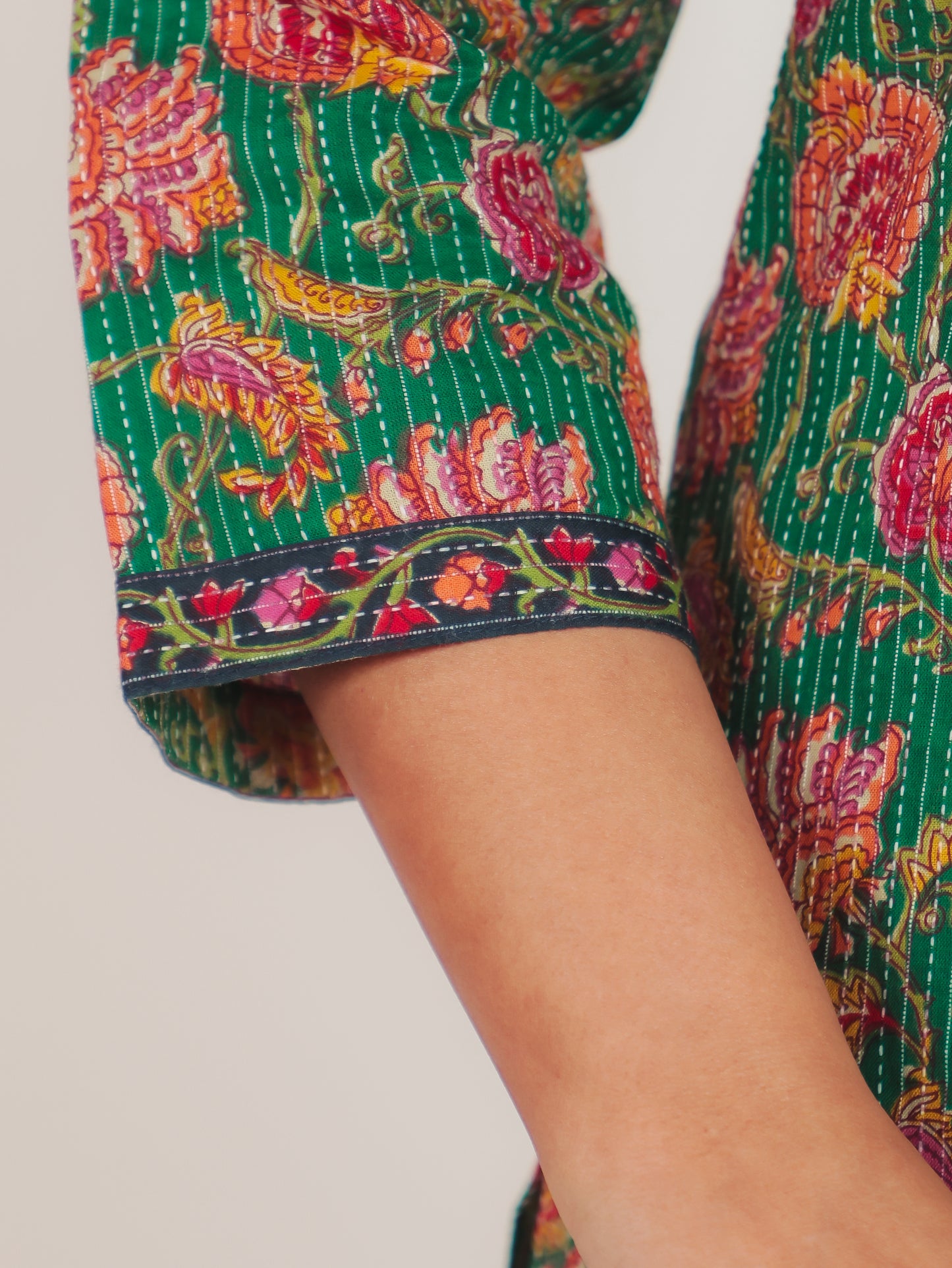 Kantha Cotton Floral Straight Green Kurta