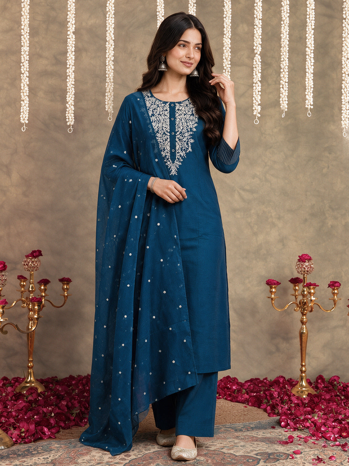 Embroidered organza blue dupatta