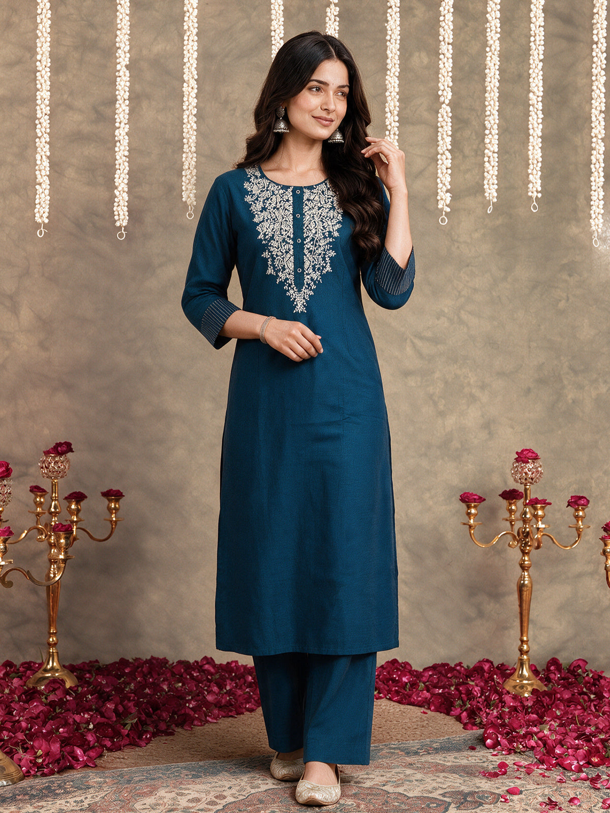 Embroidered chanderi straight blue kurta