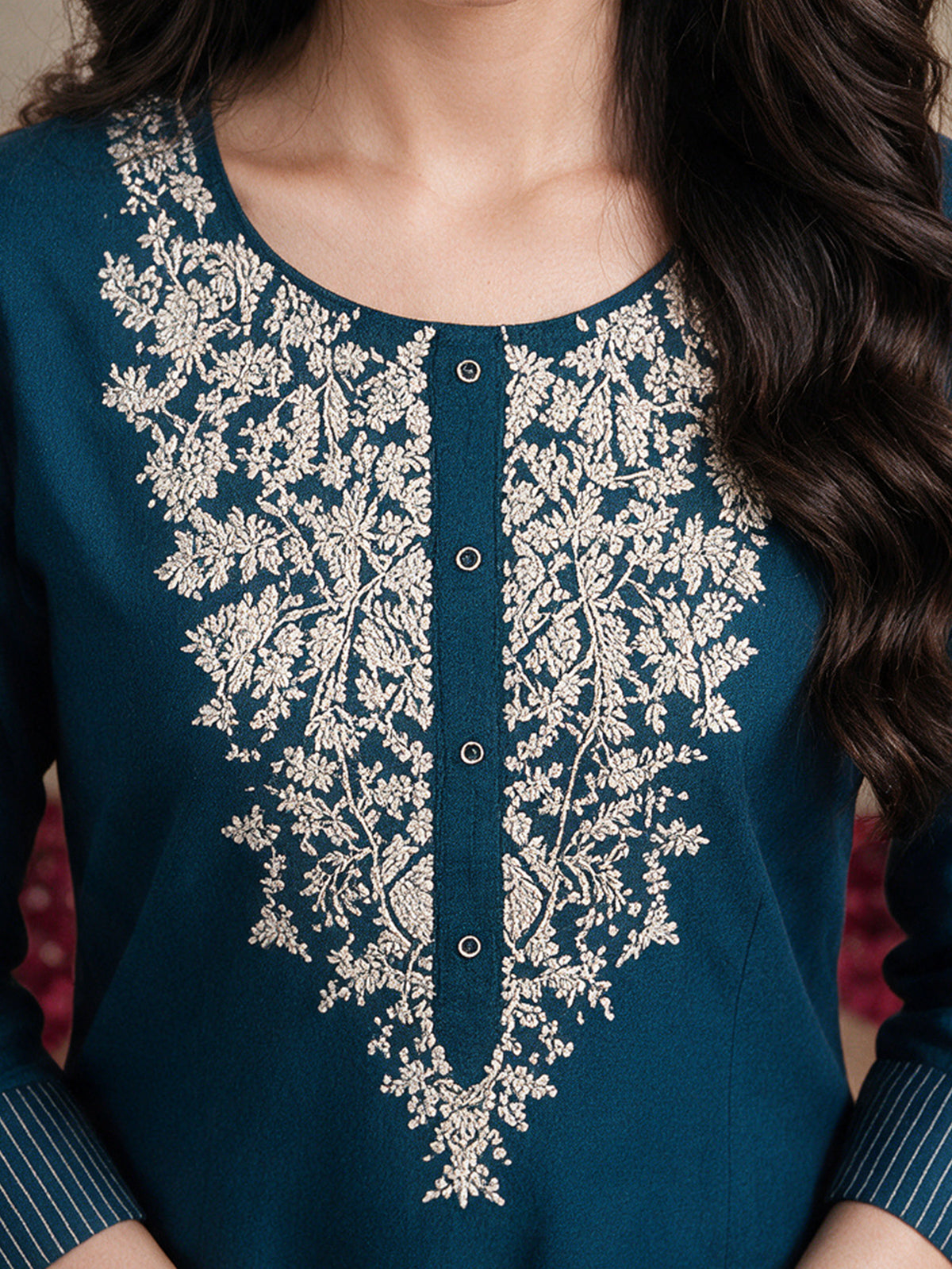 Embroidered chanderi straight blue kurta