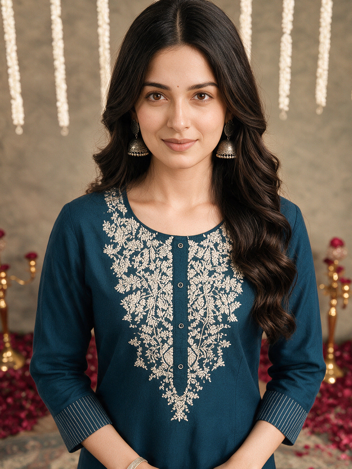 Embroidered chanderi straight blue kurta