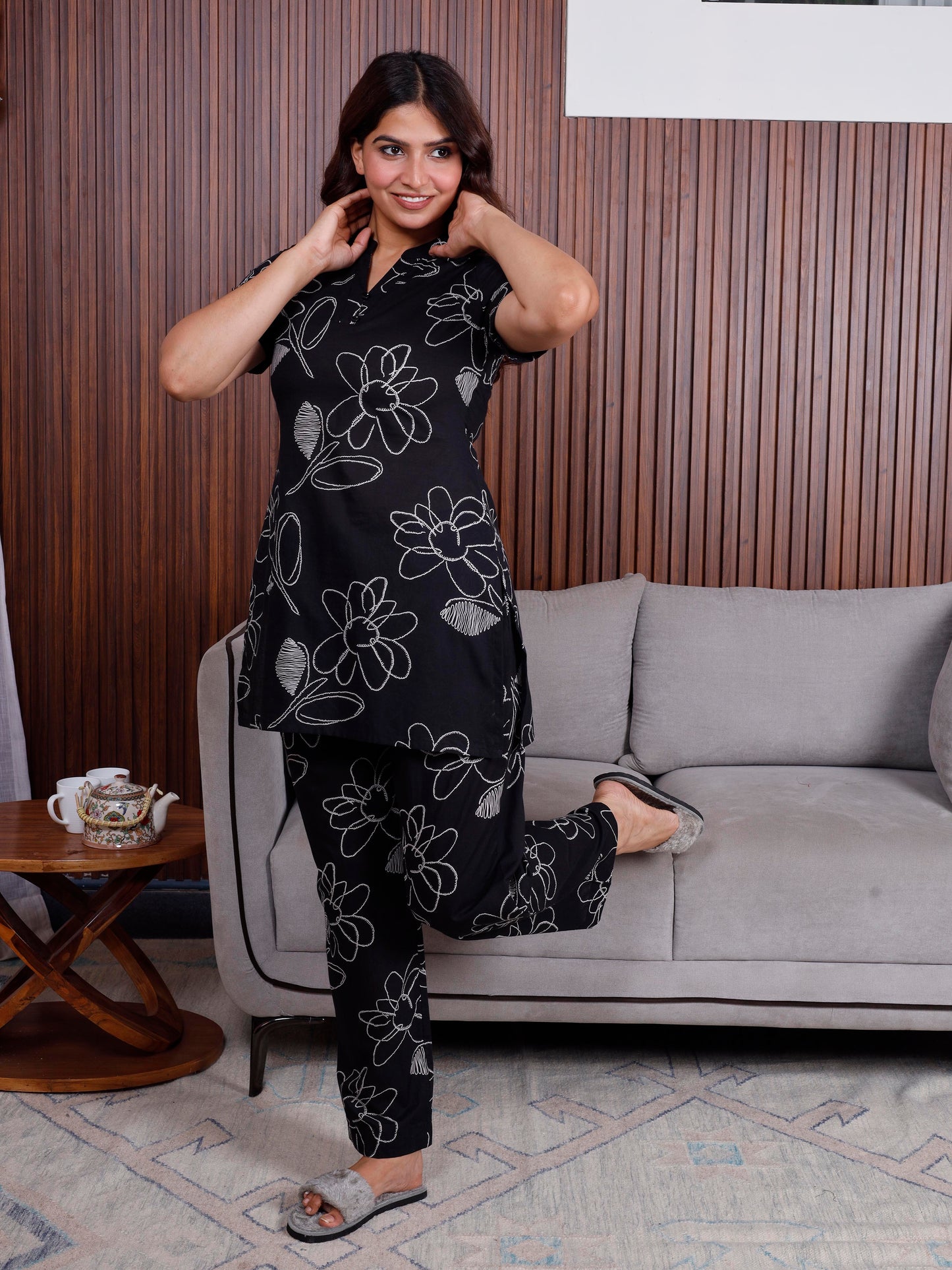 Soft cotton Floral Top Black Top