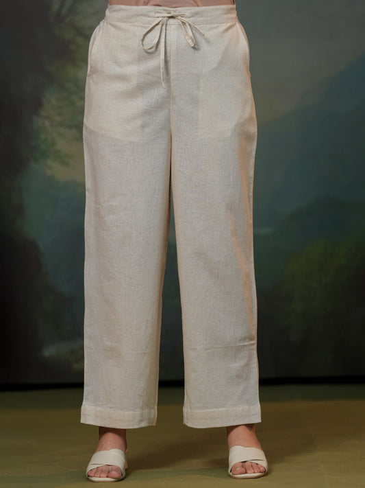 Linen cotton Solid Off White Straight Trousers