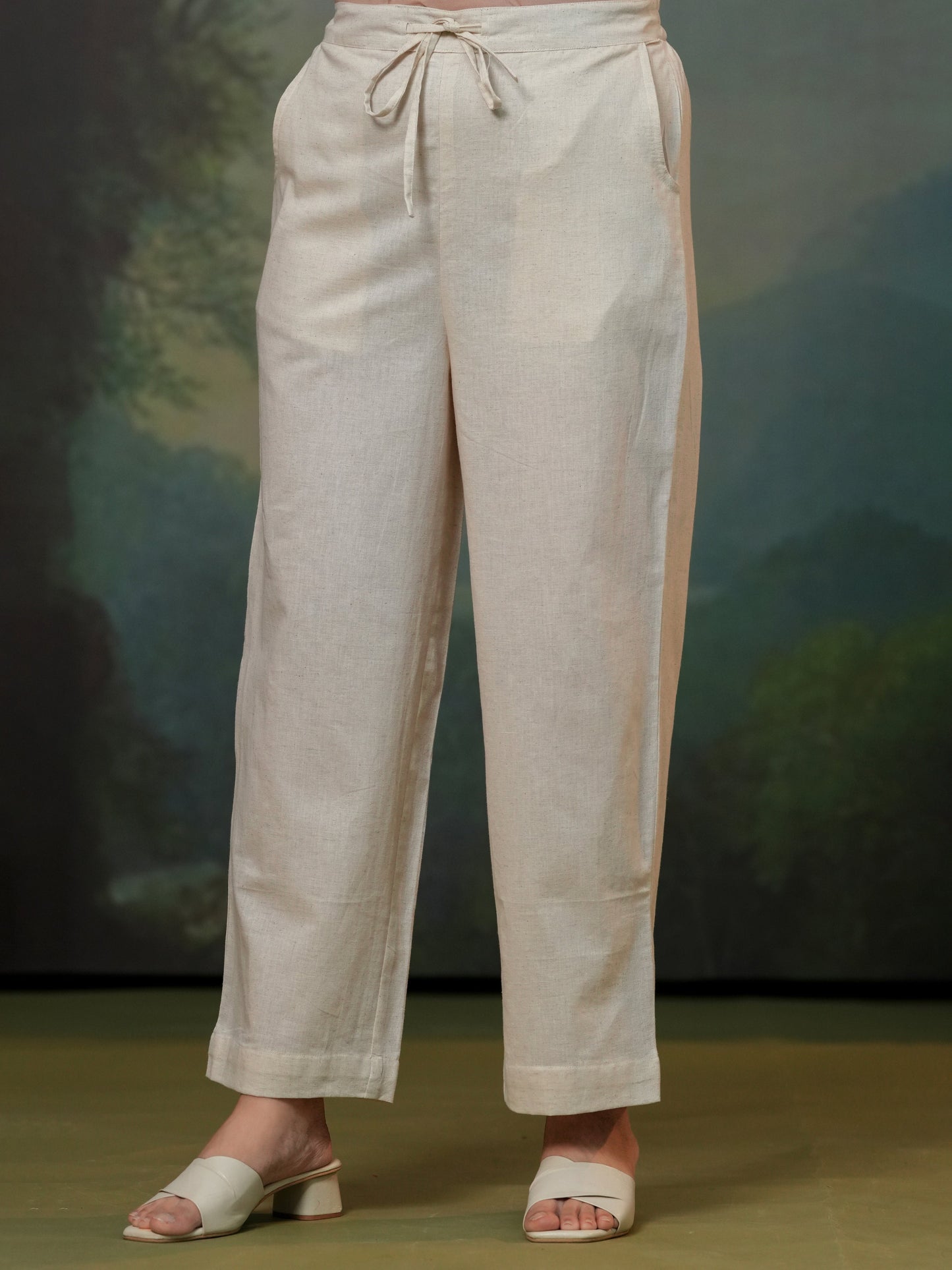 Linen cotton Solid Off White Straight Trousers