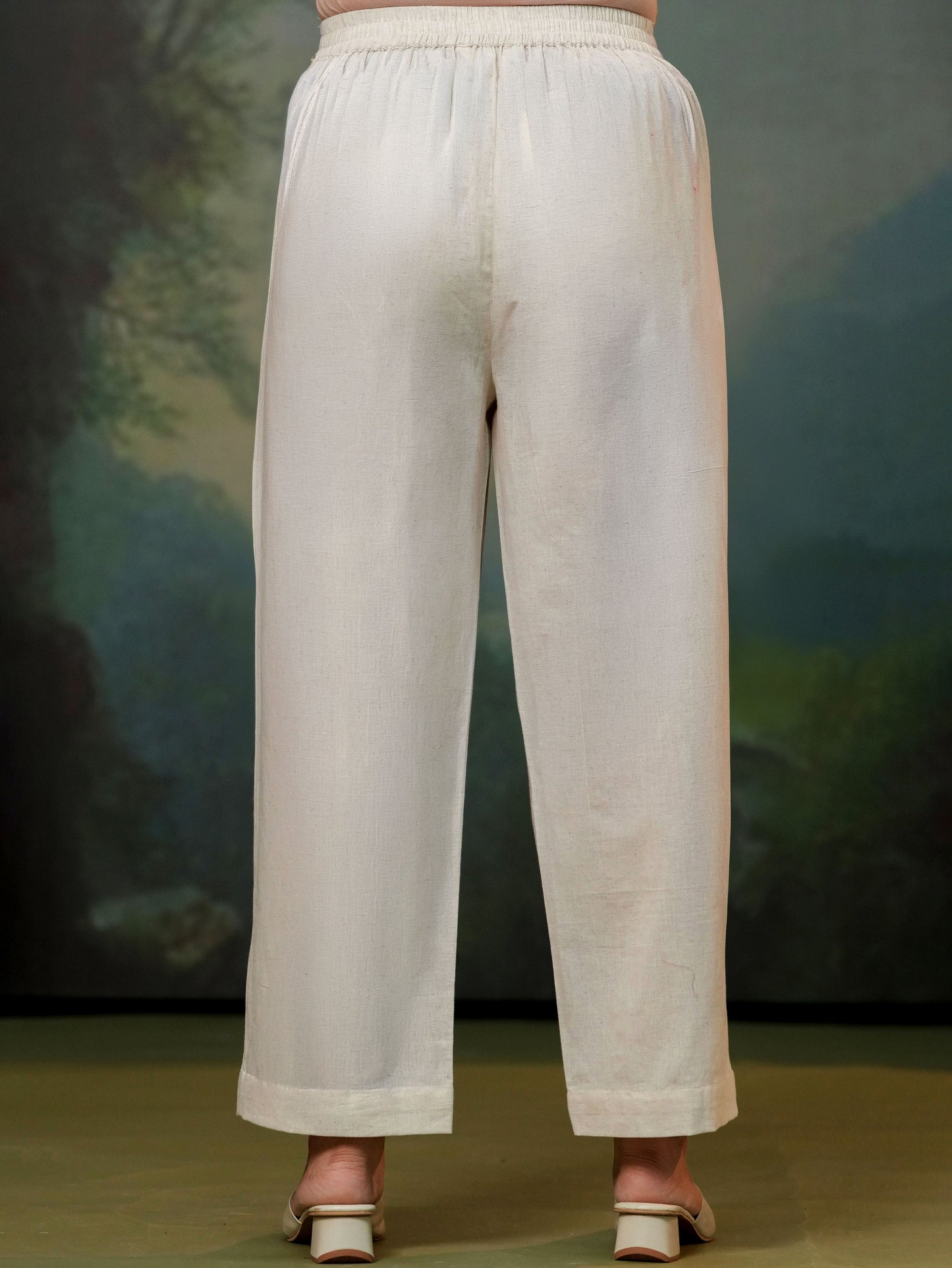 Linen cotton Solid Off White Straight Trousers