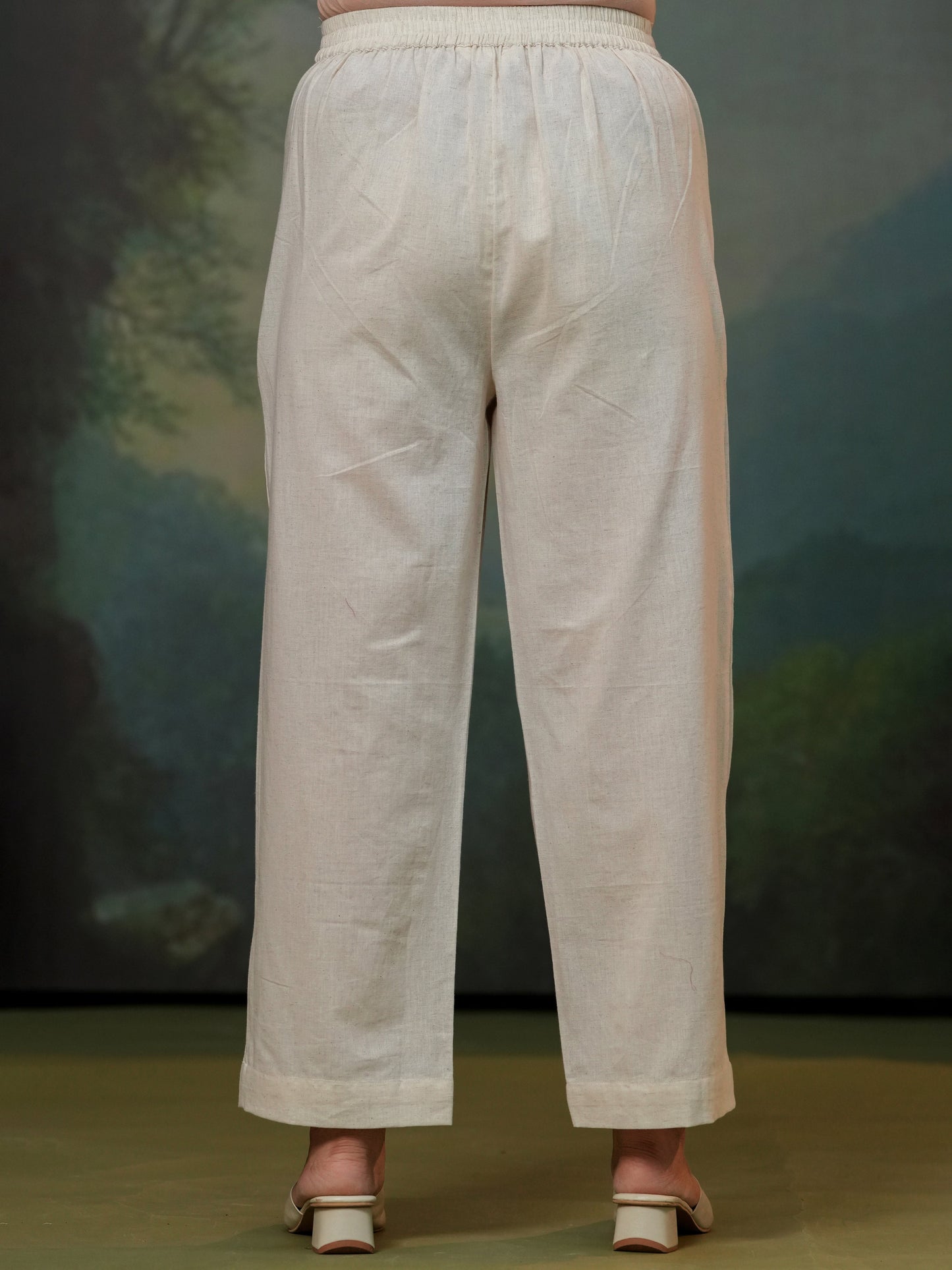 Linen cotton Solid Off White Straight Trousers