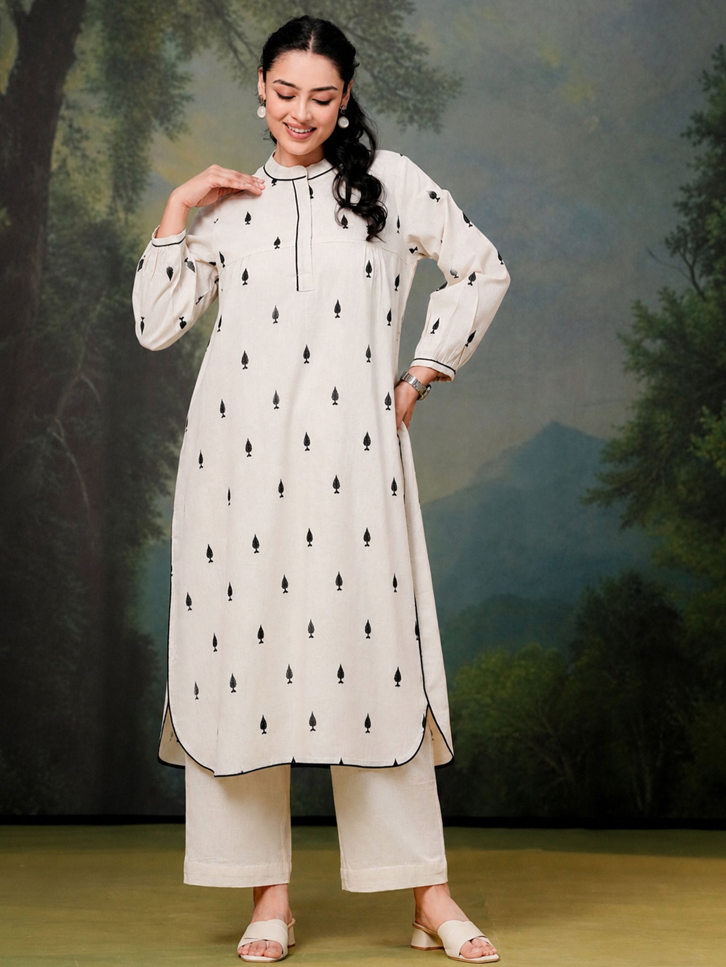 Embroidered Linen cotton Solid Straight Off White Kurta