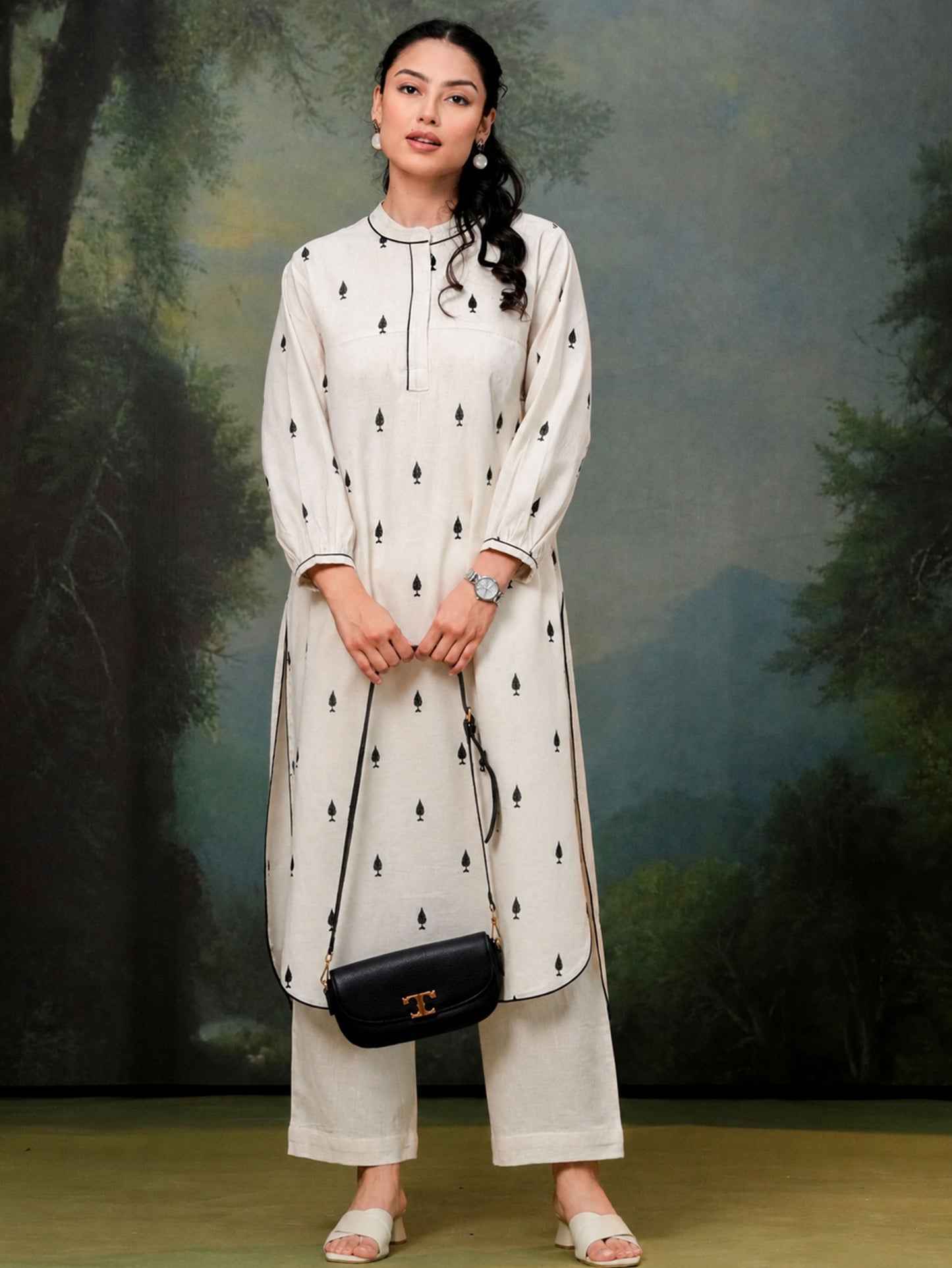 Embroidered Linen cotton Solid Straight Off White Kurta