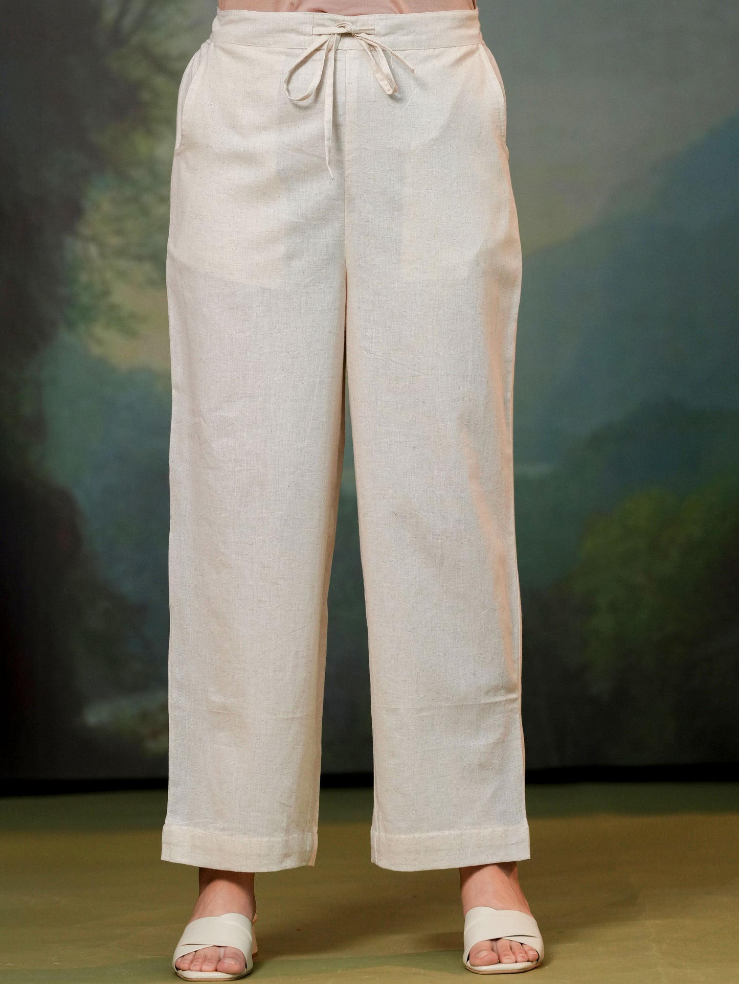 Embroidered Linen cotton Solid Straight Off White Kurta