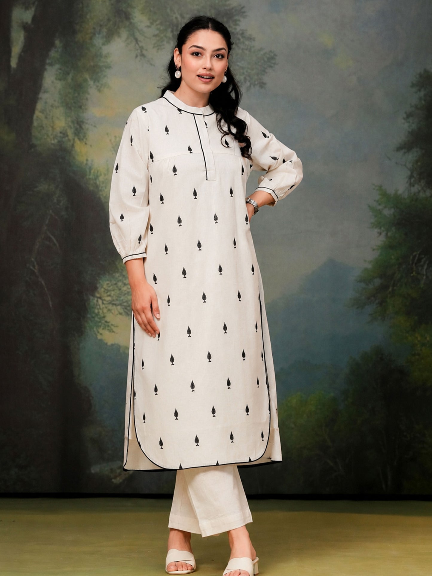 Embroidered Linen cotton Solid Straight Off White Kurta