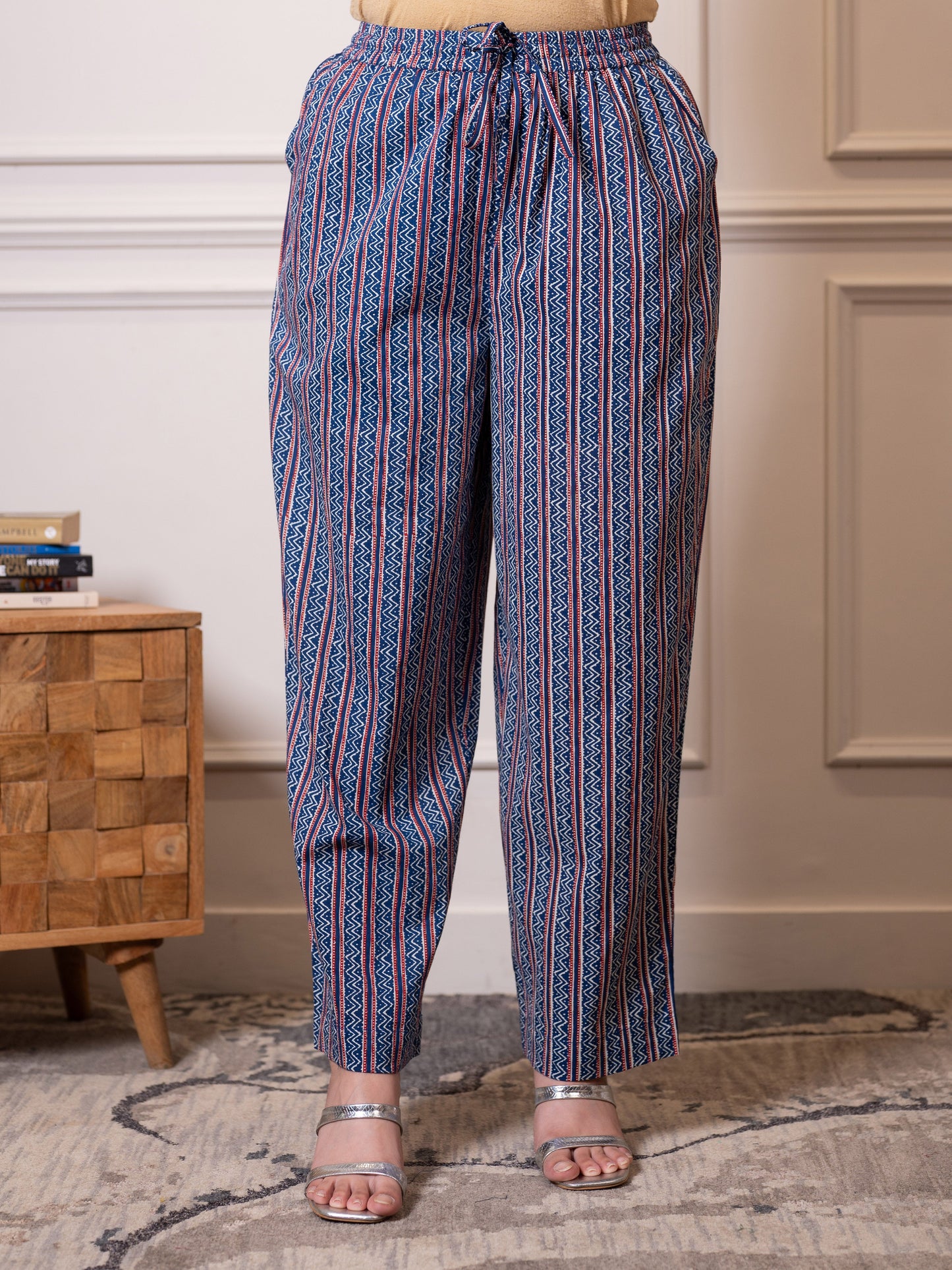 Soft cotton Striped Blue Straight Trousers