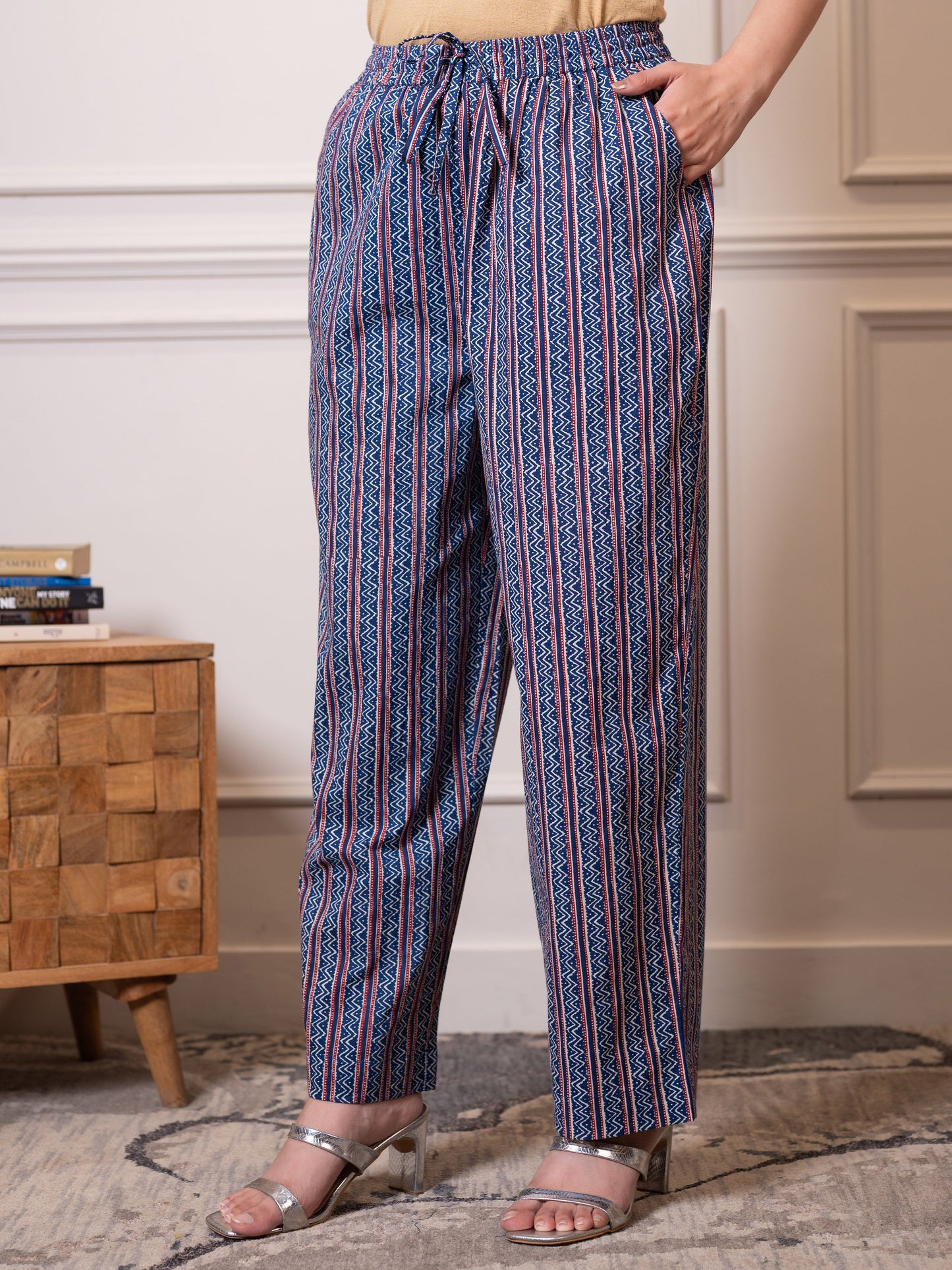 Soft cotton Striped Blue Straight Trousers