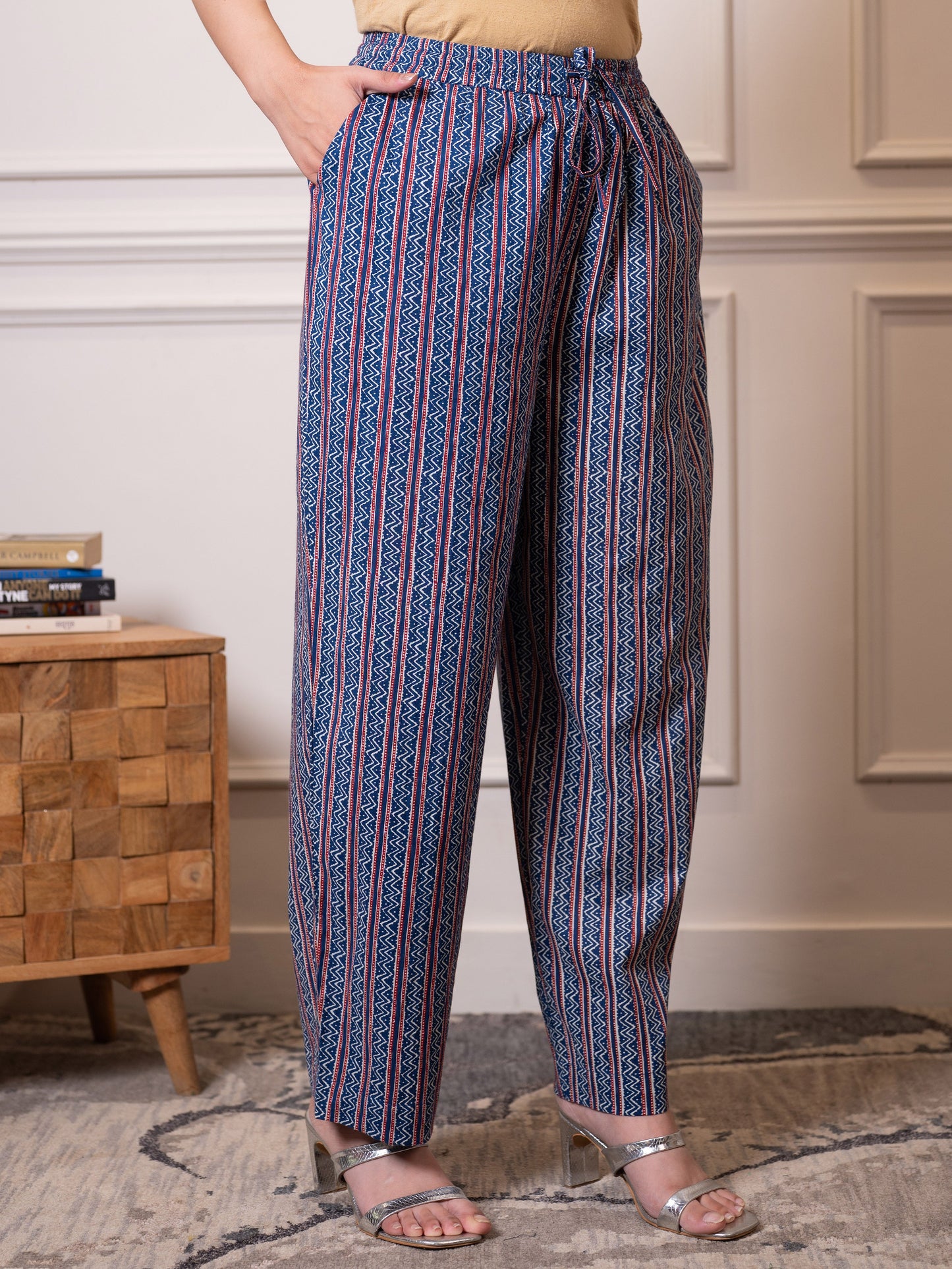 Soft cotton Striped Blue Straight Trousers