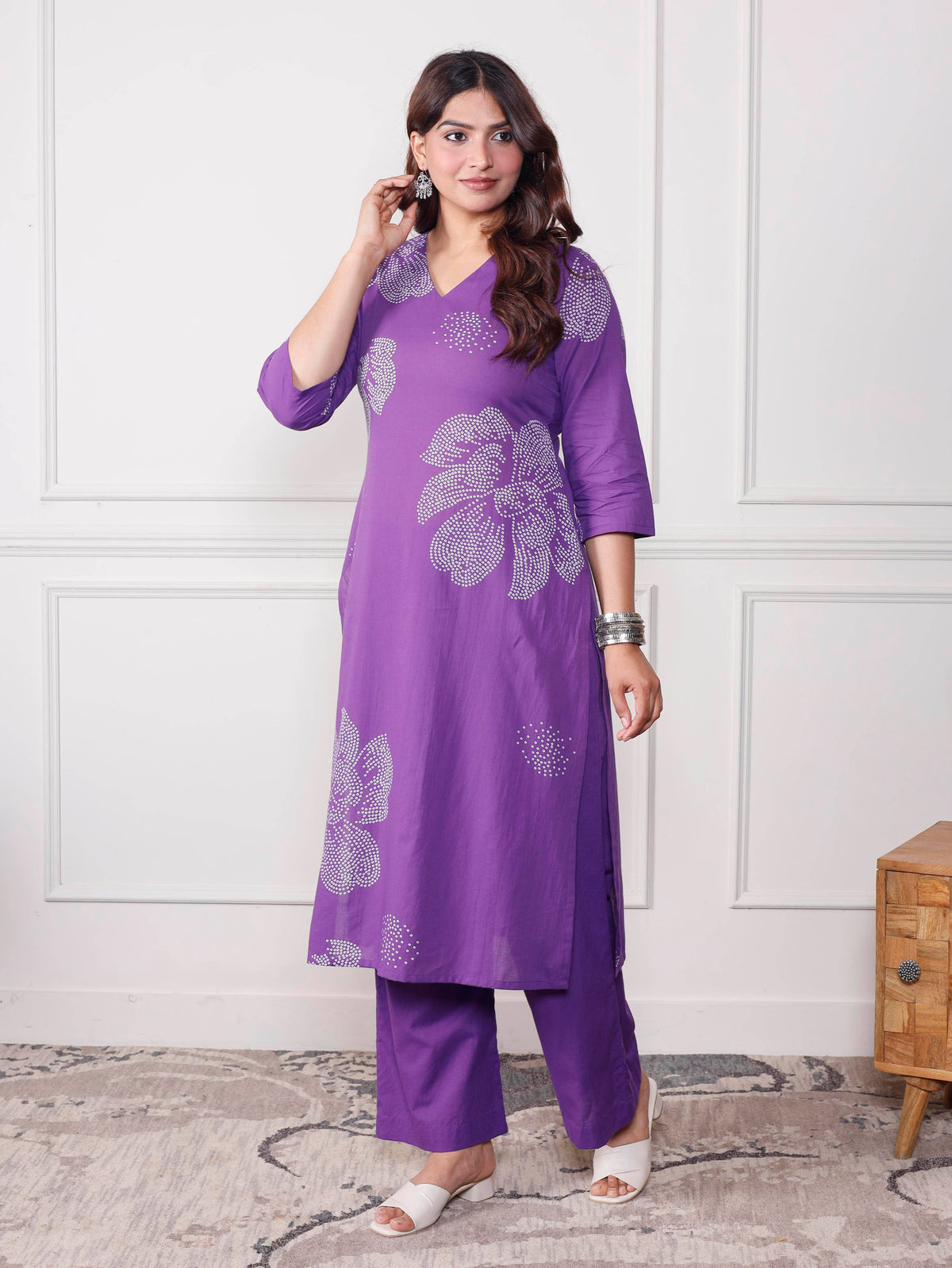 soft cotton floral straight purple kurta