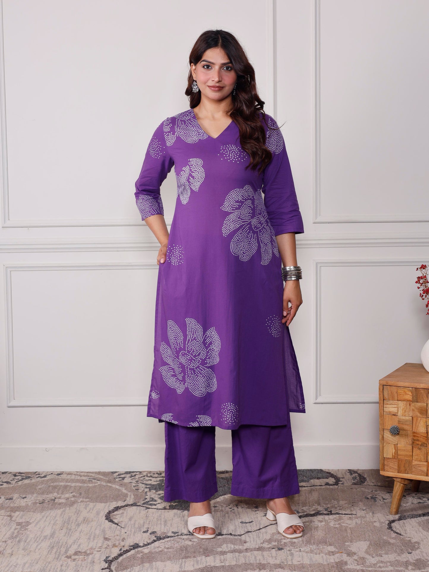 Soft cotton Floral Straight Purple Kurta