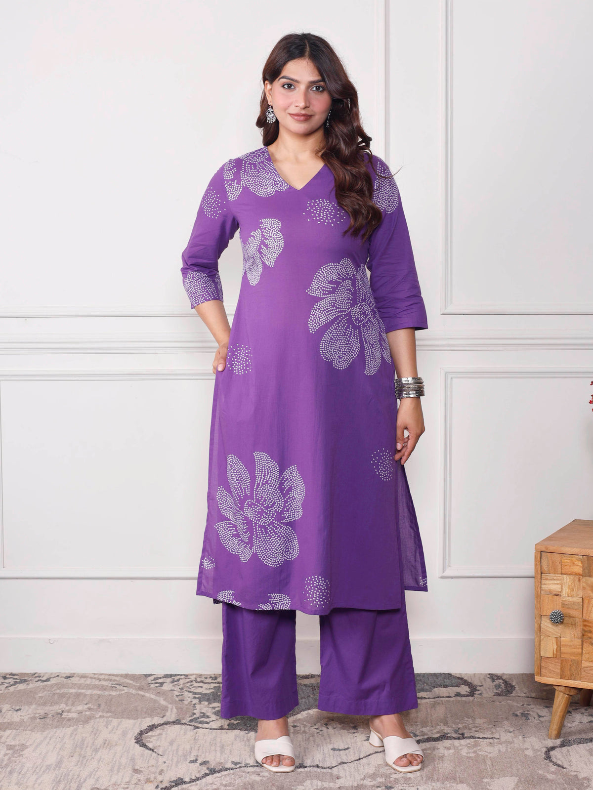 soft cotton floral straight purple kurta
