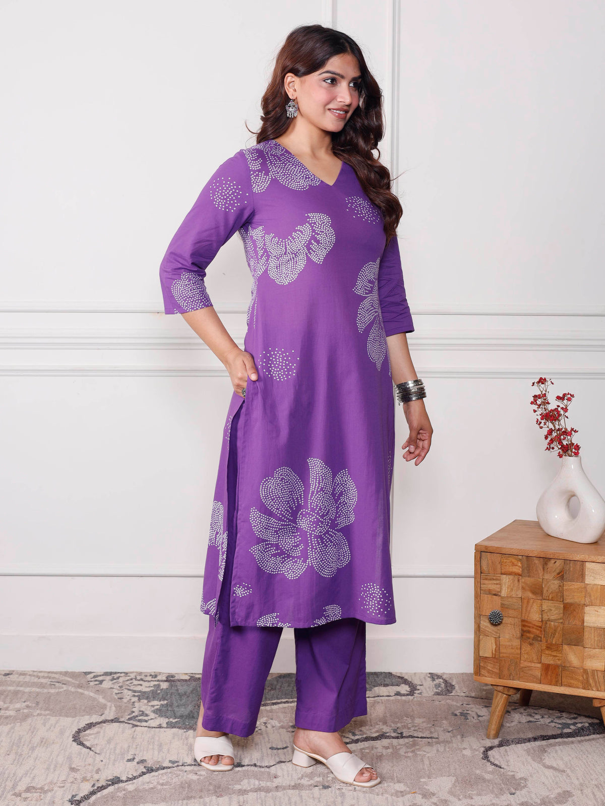 soft cotton floral straight purple kurta