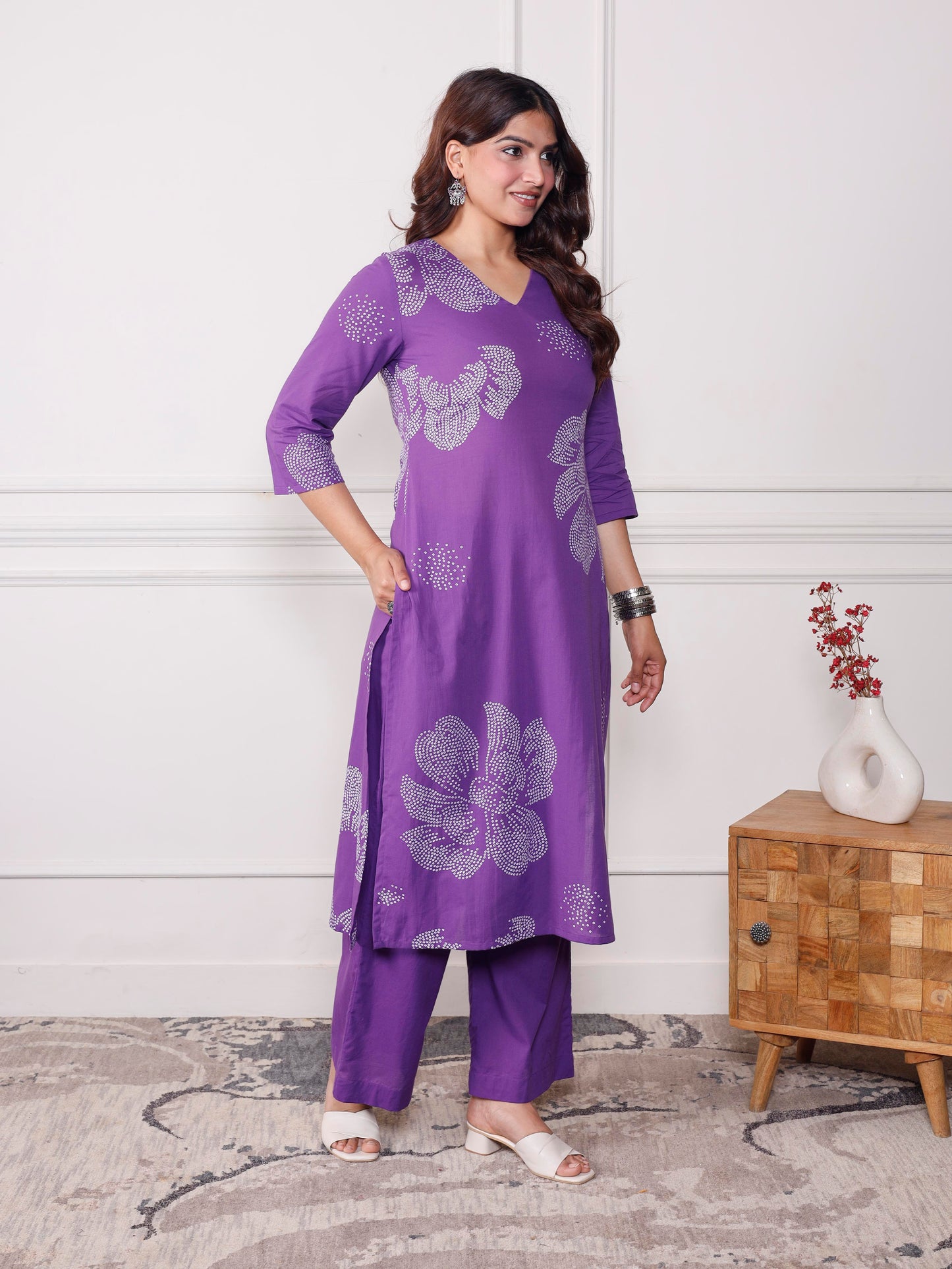 Soft cotton Floral Straight Purple Kurta