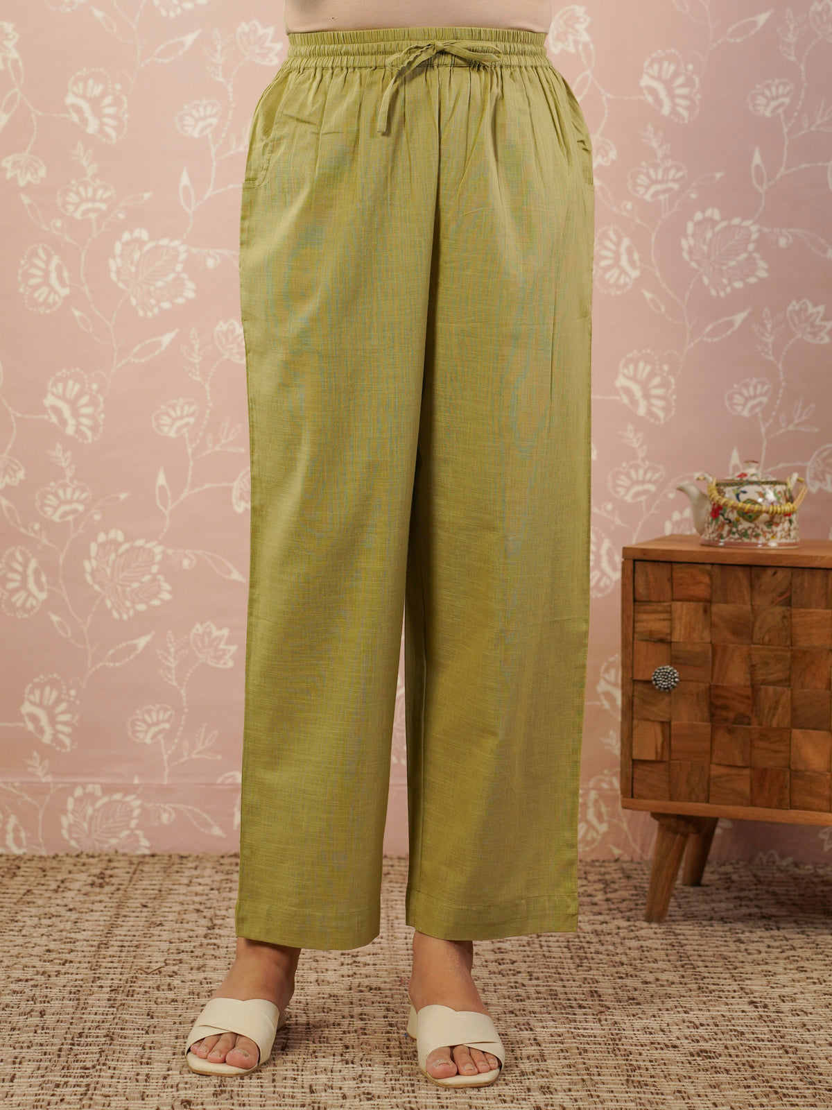 slub cotton solid green straight trousers