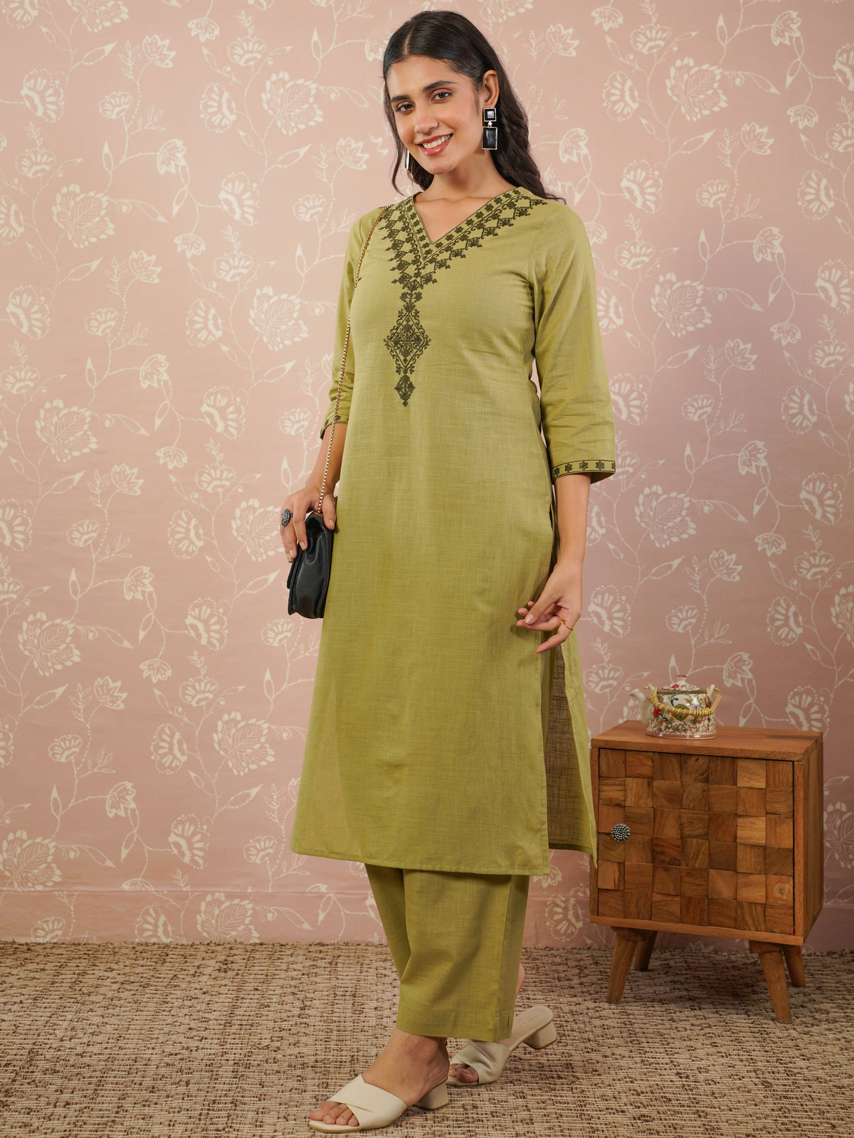Embroidered slub cotton solid palazzo green kurta