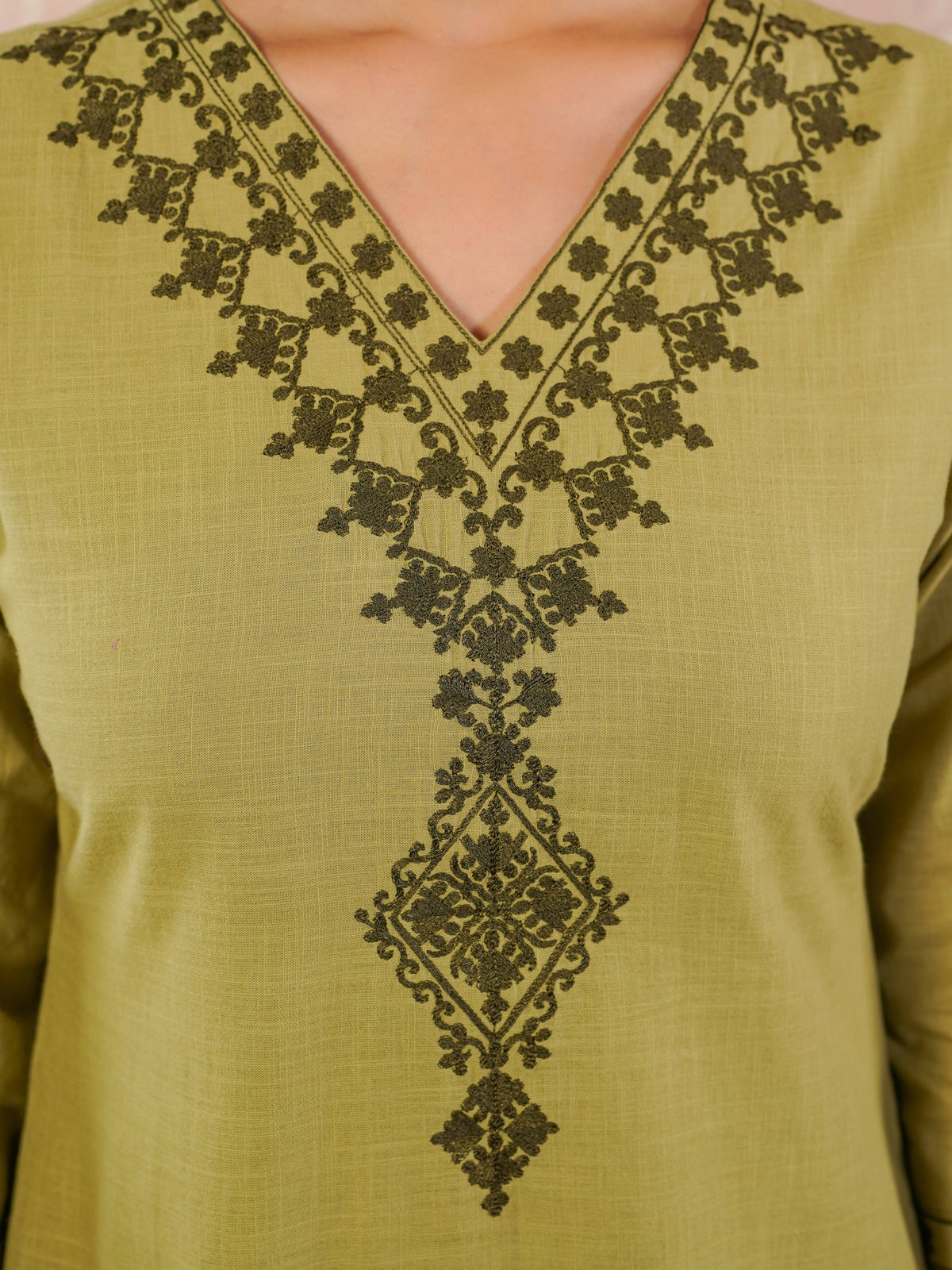 Embroidered slub cotton solid palazzo green kurta