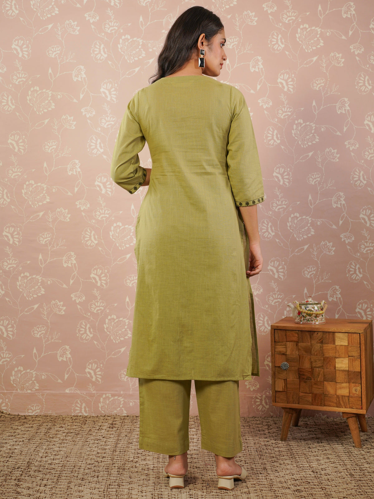 Embroidered slub cotton solid palazzo green kurta