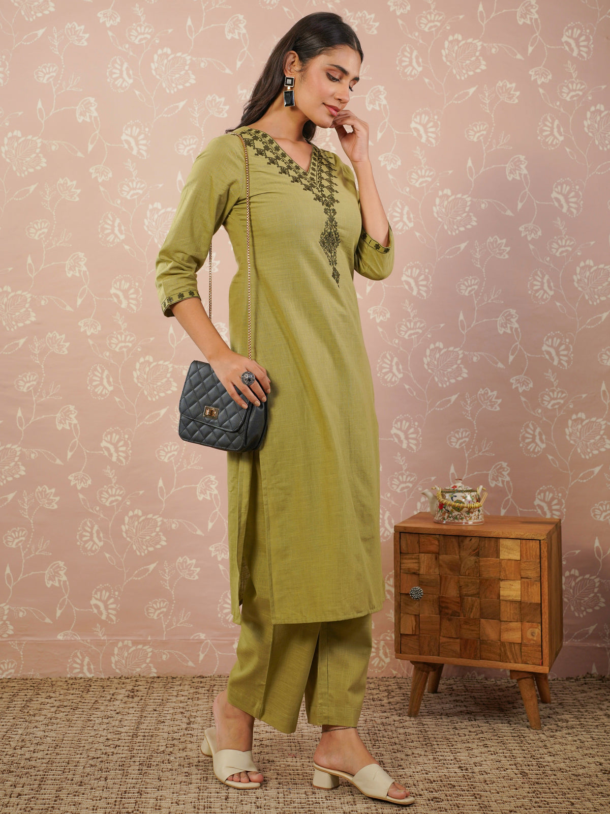 Embroidered slub cotton solid palazzo green kurta