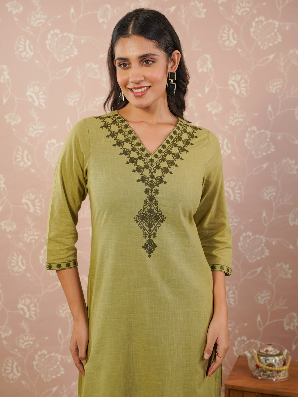 Embroidered slub cotton solid palazzo green kurta