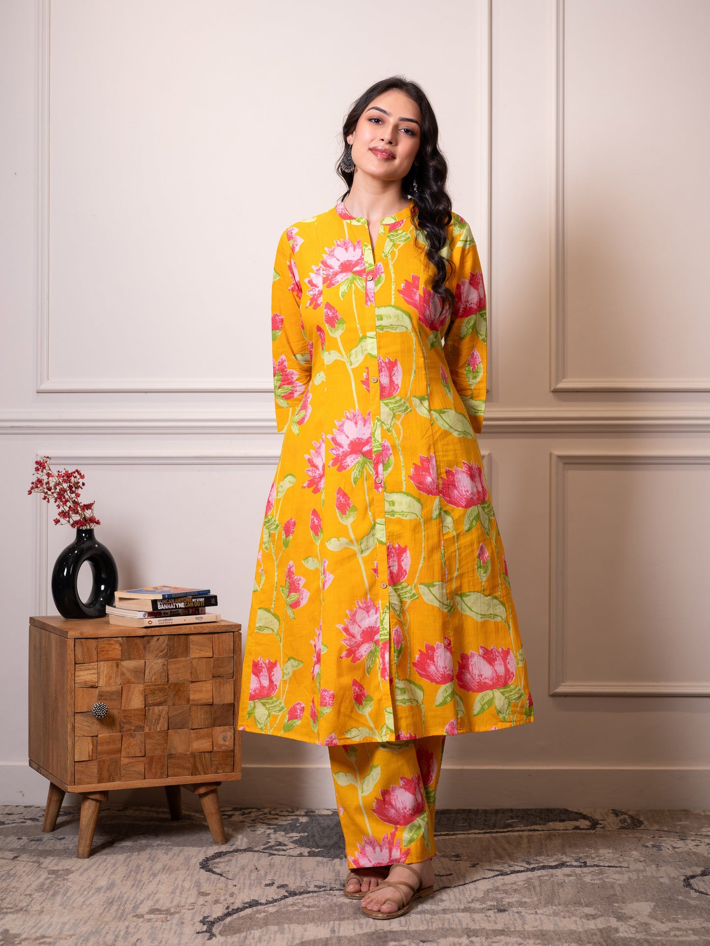 Soft cotton Floral Straight Yellow Kurta