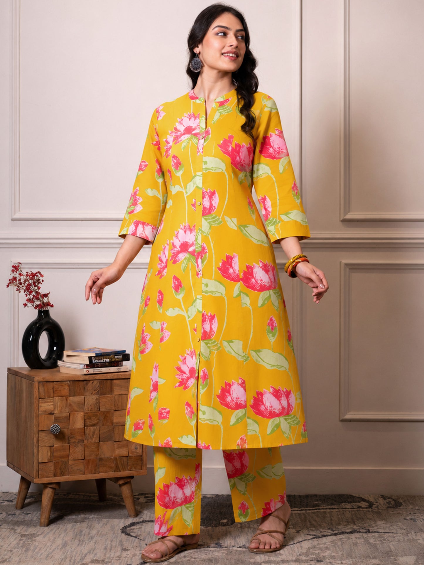 Soft cotton Floral Straight Yellow Kurta