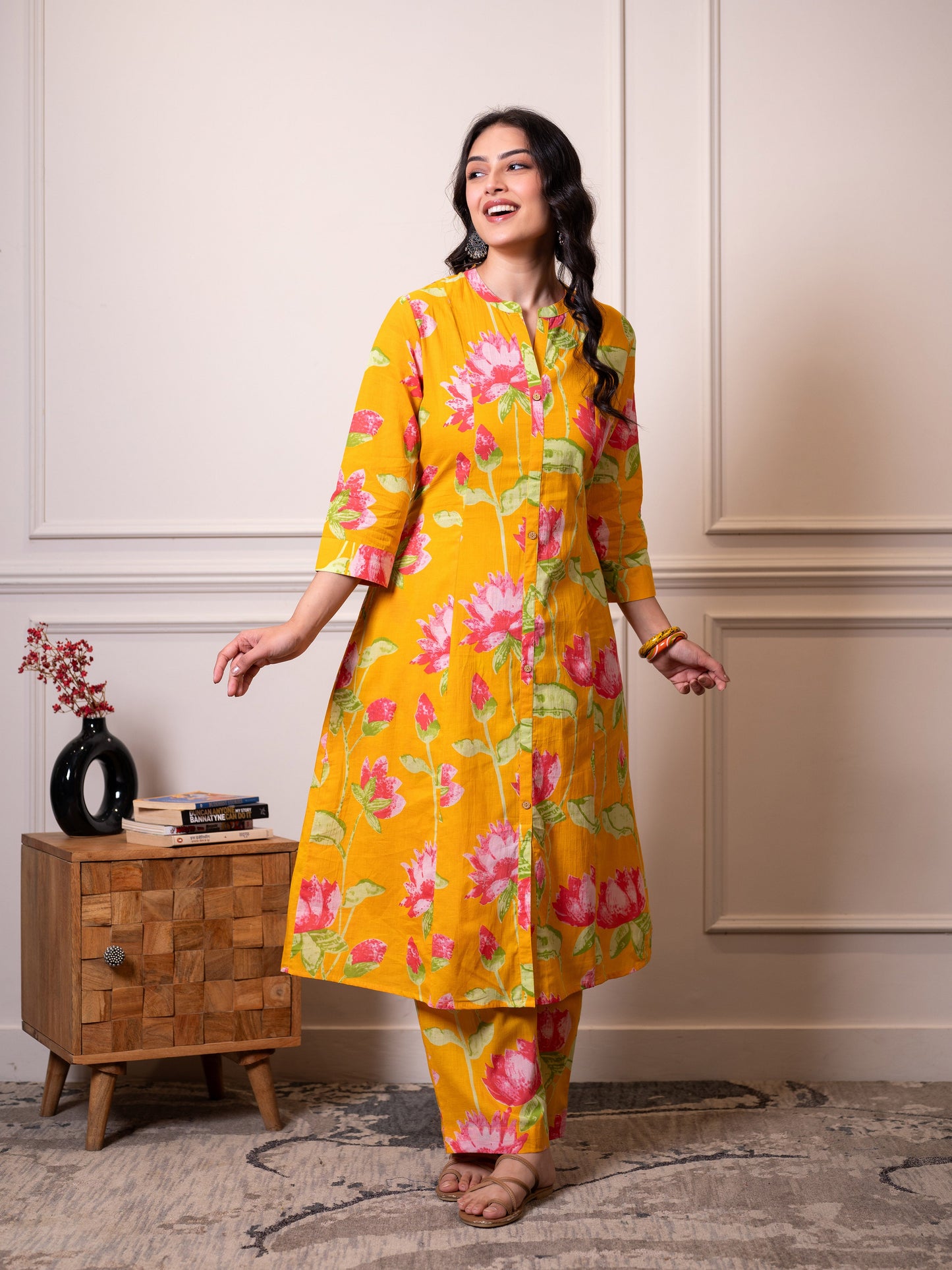Soft cotton Floral Straight Yellow Kurta